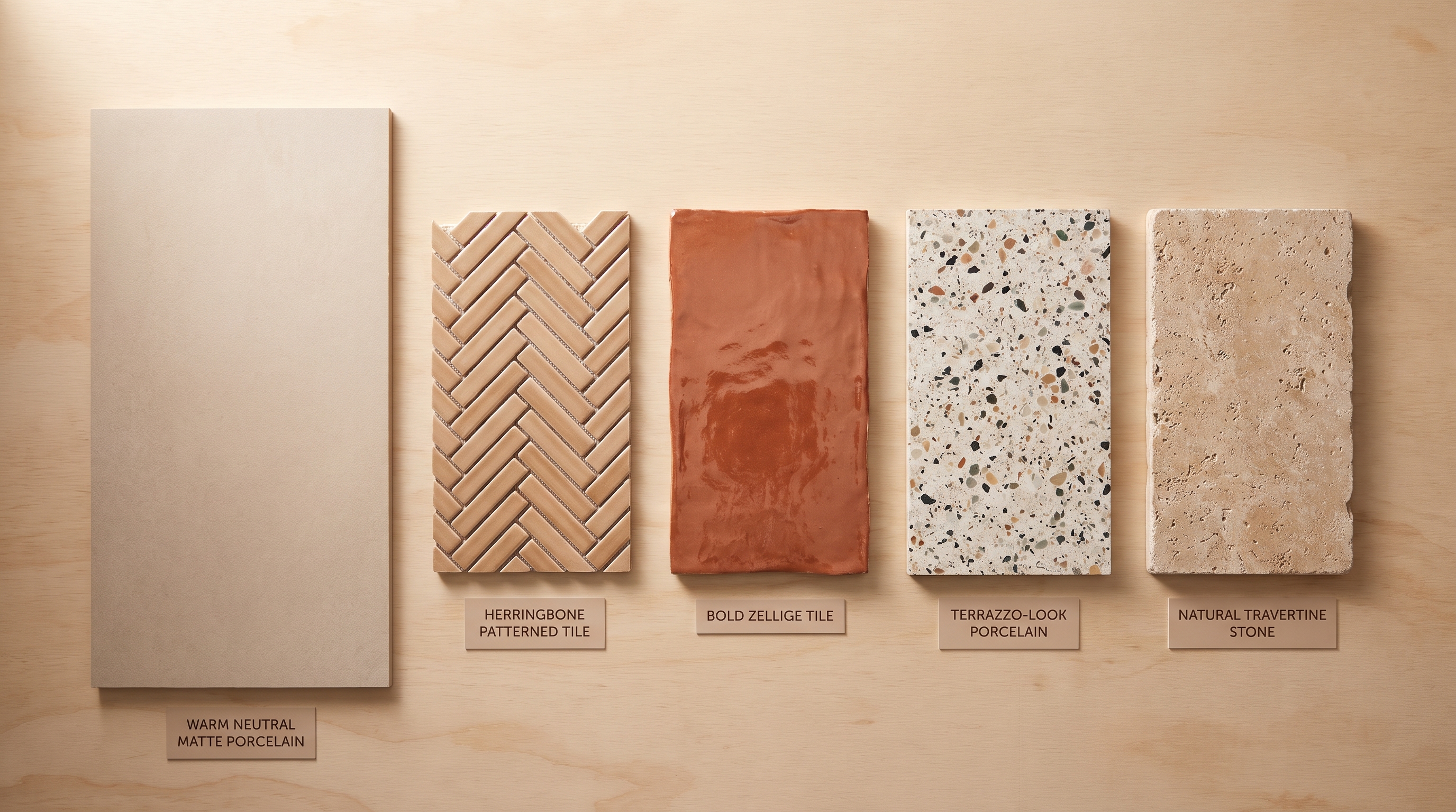 Bathroom tile sample comparison including porcelain, herringbone, zellige, terrazzo, and travertine