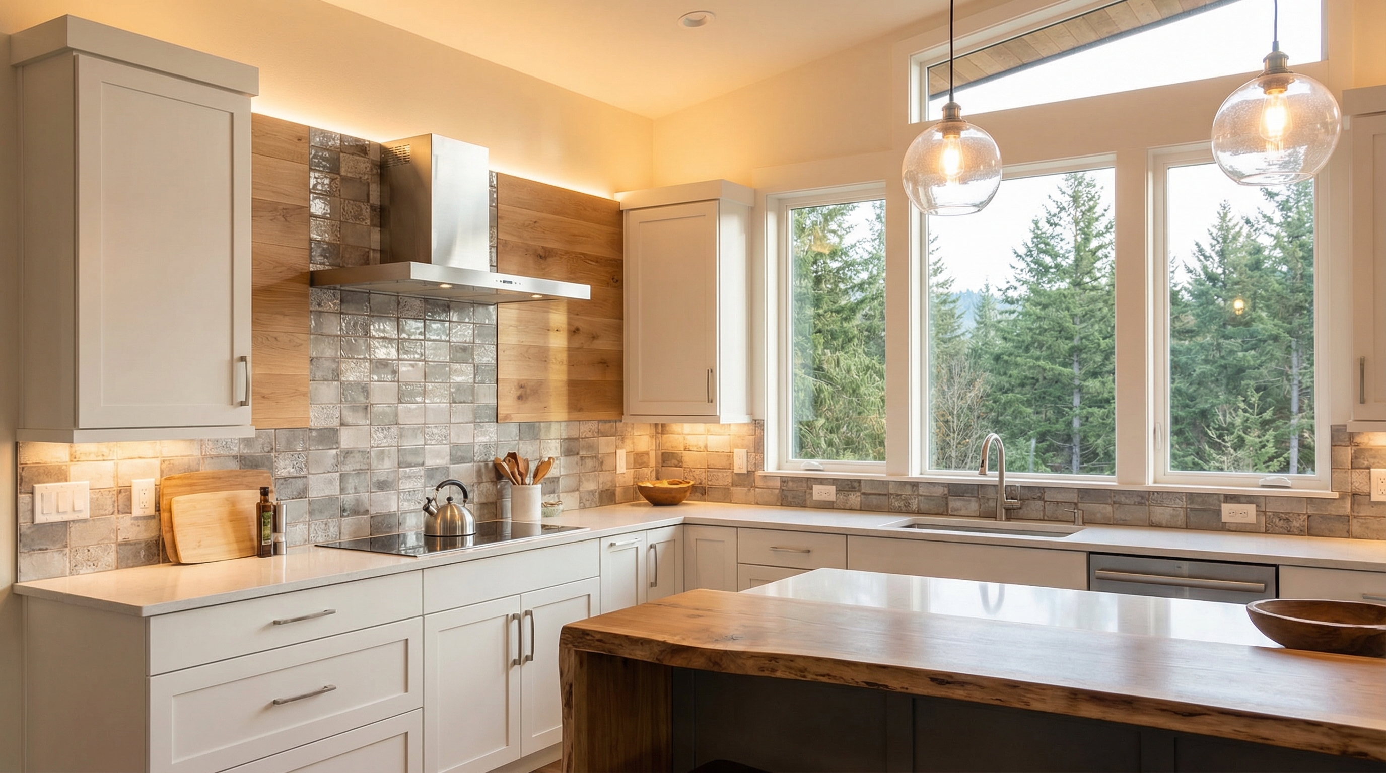 White subway tile kitchen backsplash with gray grout in Puyallup home