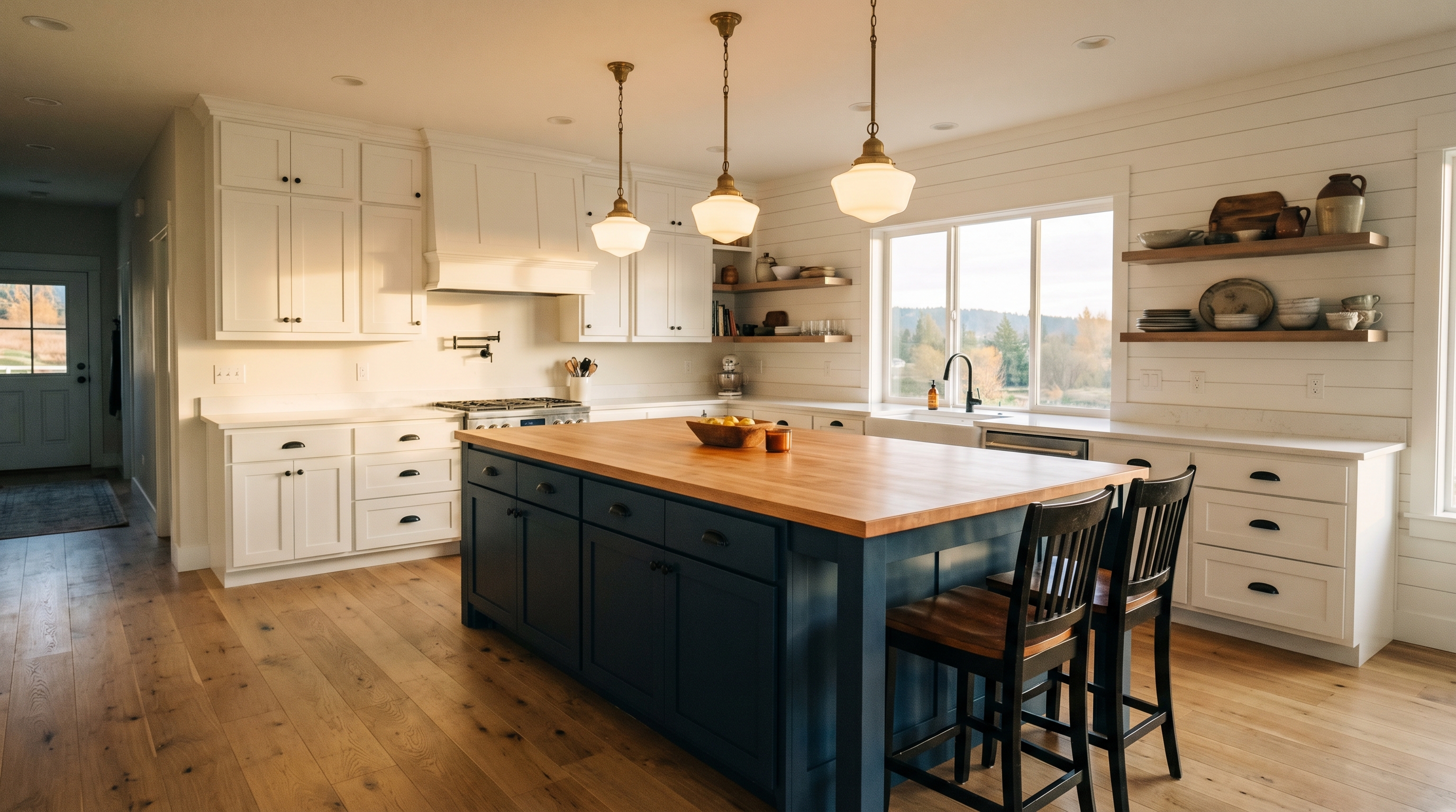 Wide-angle photograph of a two-tone farmhouse kitchen with white painted shaker upper cabinets and a navy blue shaker island