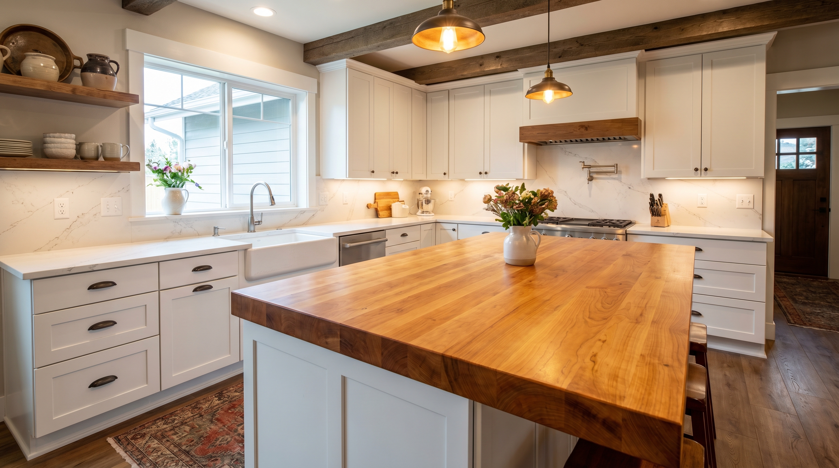 Photograph of a farmhouse kitchen showing the contrast between two countertop materials in one room: a warm honey-toned maple