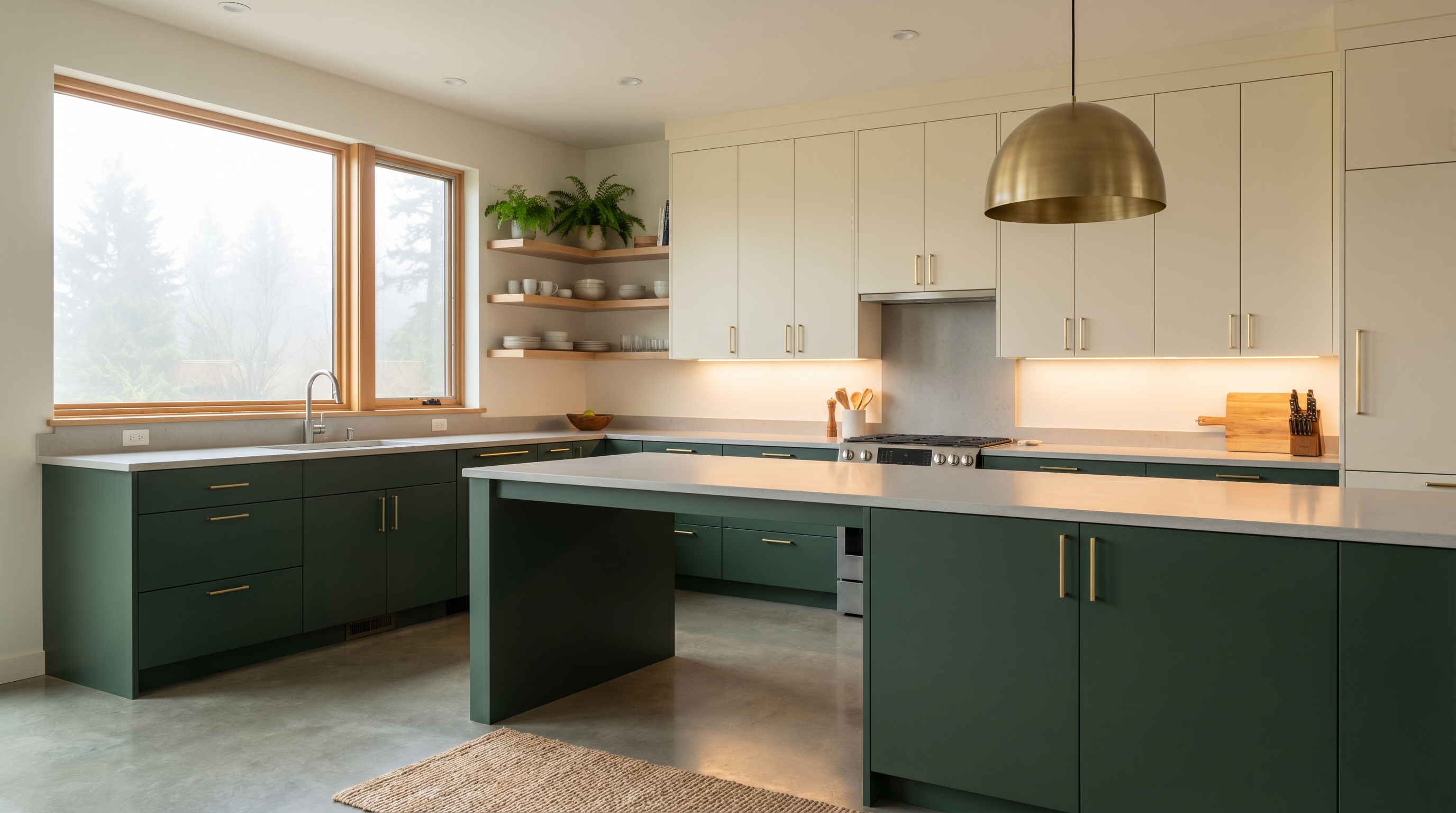 Two-tone modern kitchen with warm cream upper cabinets and forest green lower cabinets in a Pacific Northwest home