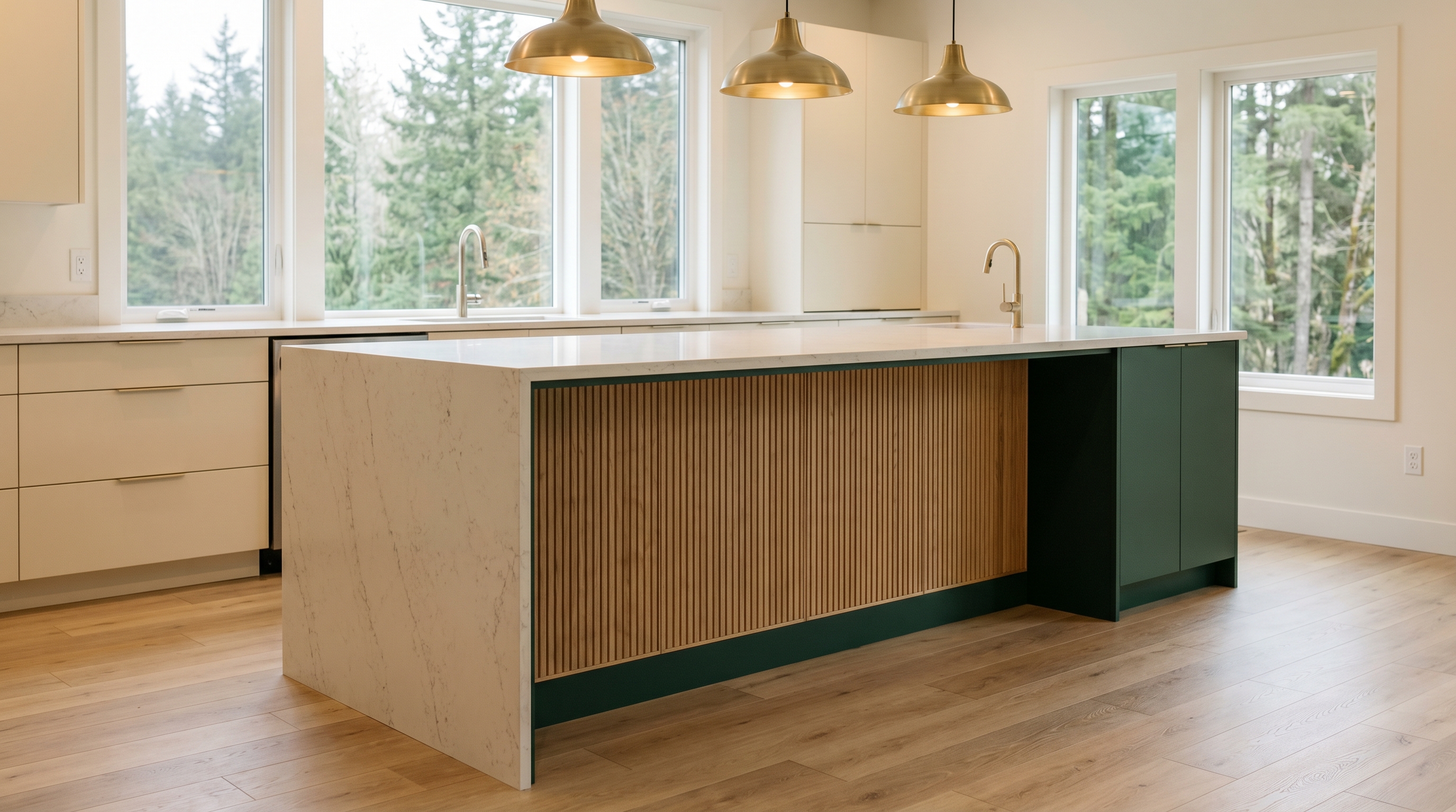 Full photograph of a modern kitchen island as the room's focal point