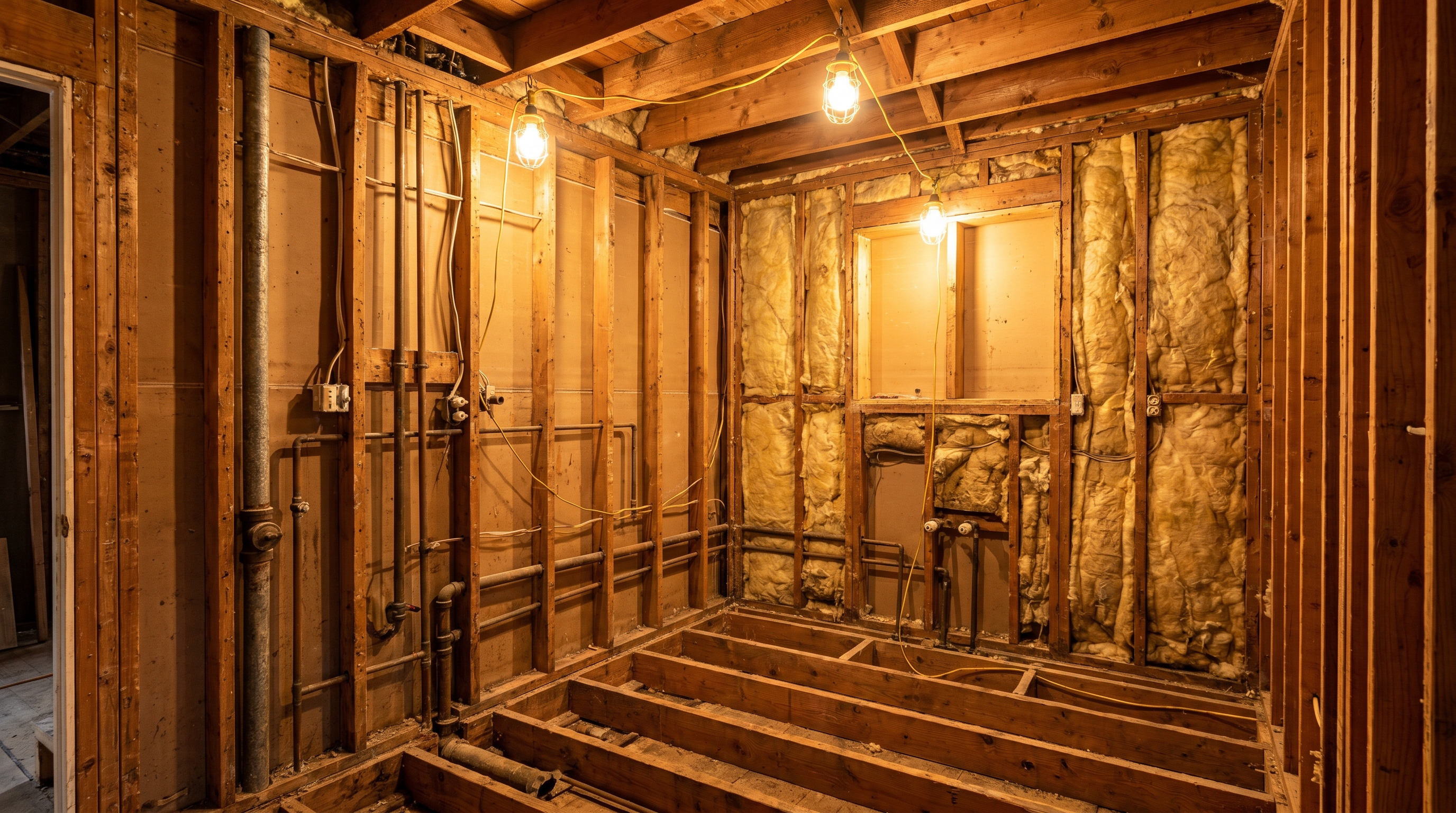 Wide-angle job-site photograph of a fully gutted kitchen interior stripped down to bare wood studs, showing exposed wall cavi