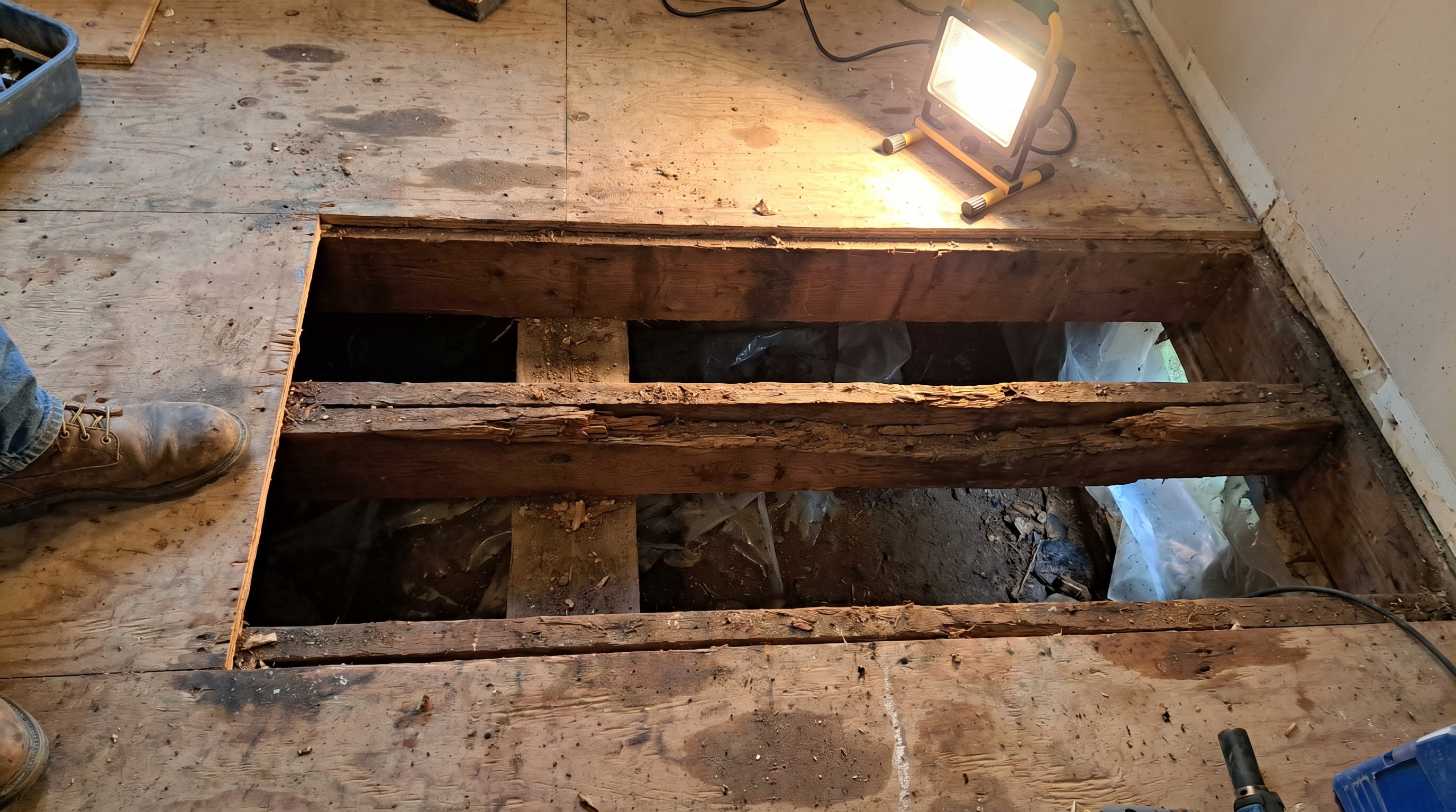 Rotted kitchen subfloor and floor joists exposed during demolition showing moisture damage and wood decay near exterior wall
