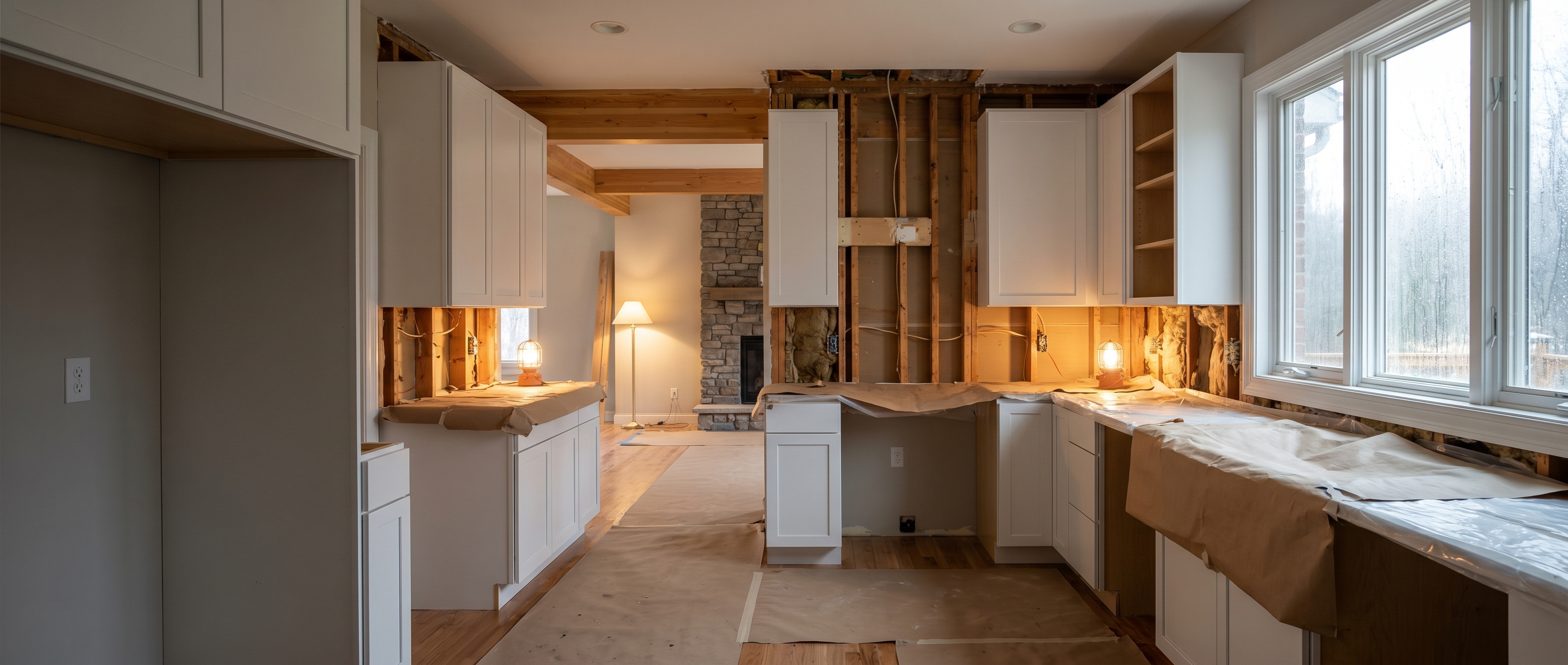 Contractor removing kitchen cabinets during demolition in Puyallup home