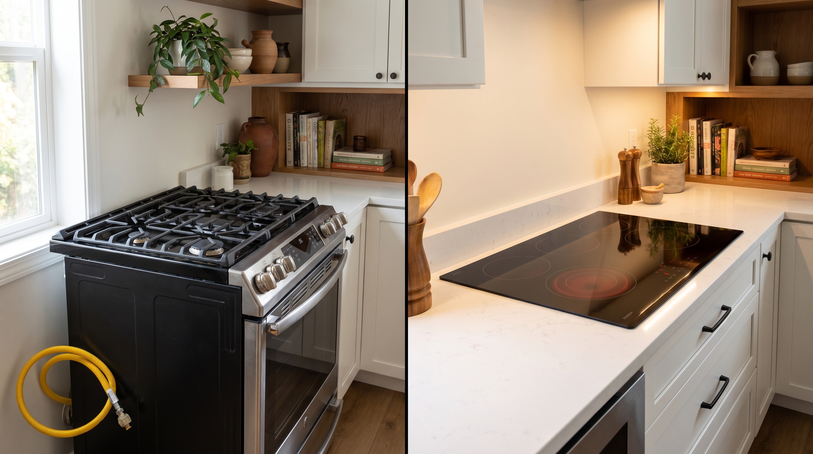 Side-by-side comparison of gas range versus sleek induction cooktop flush-mounted in white quartz kitchen countertop