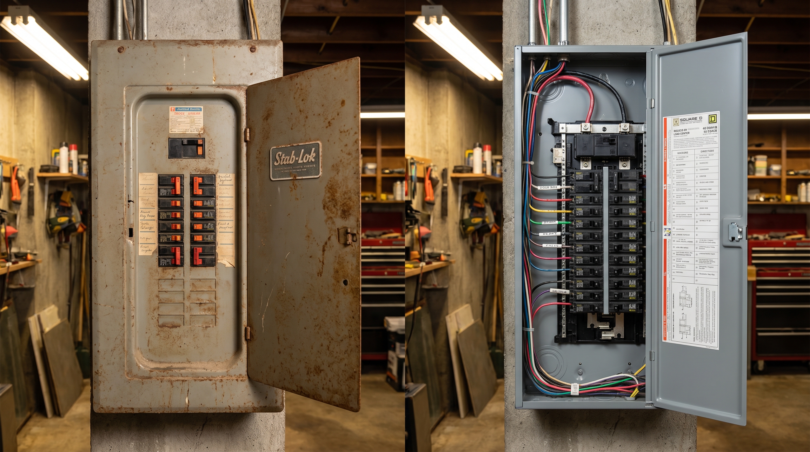 Dangerous Federal Pacific Stab-Lok electrical panel with orange breakers compared to new Square D 200-amp replacement panel