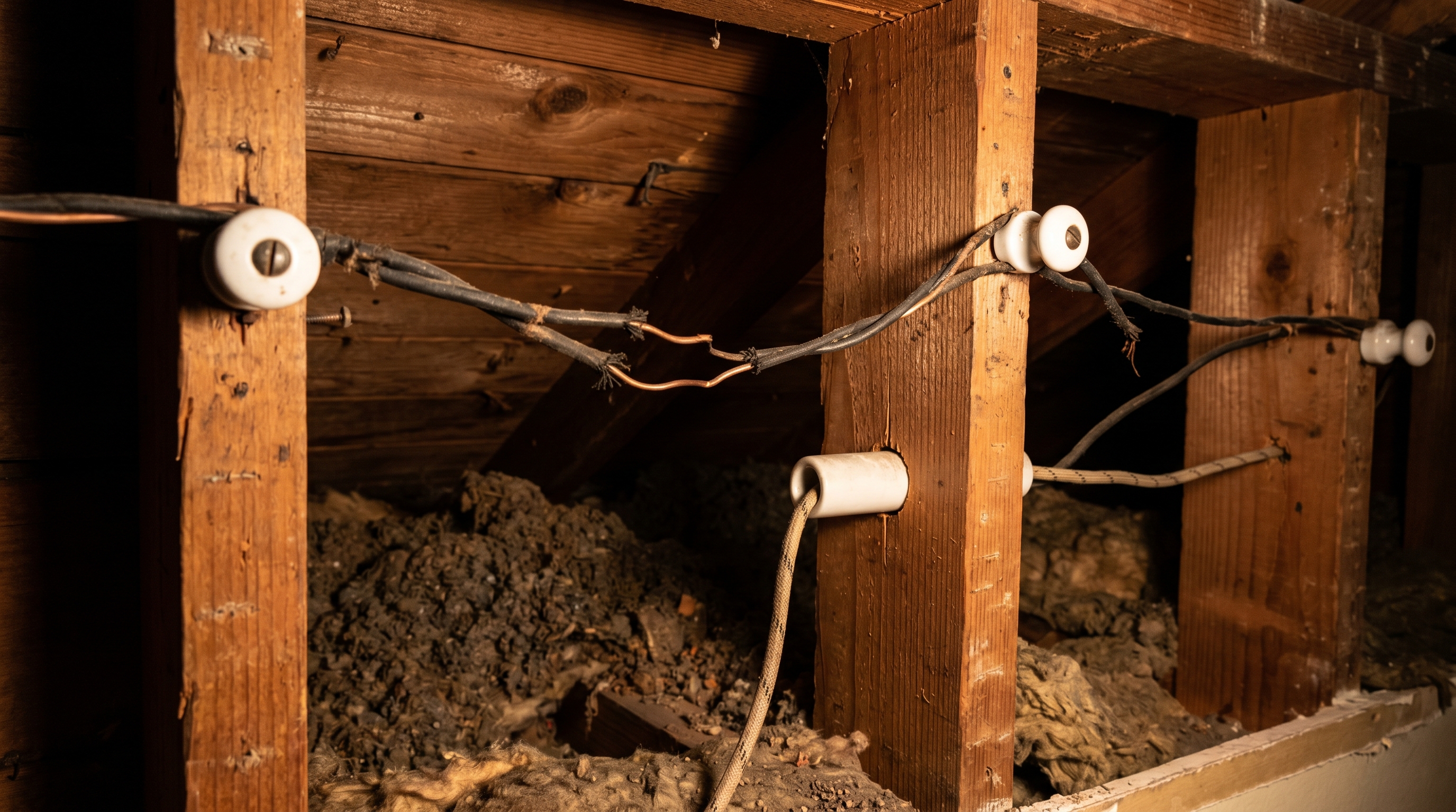 Close-up documentary photograph inside an open wall cavity of a 1940s home