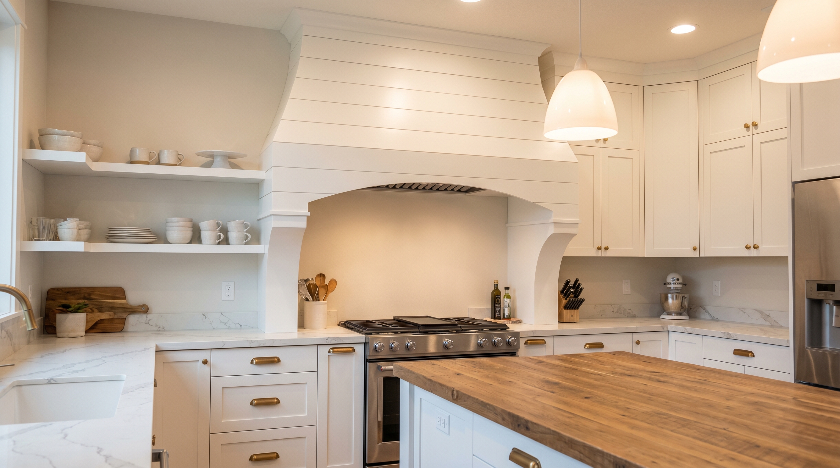 Custom farmhouse wood hood surround concealing a liner insert in a white transitional kitchen with brass hardware