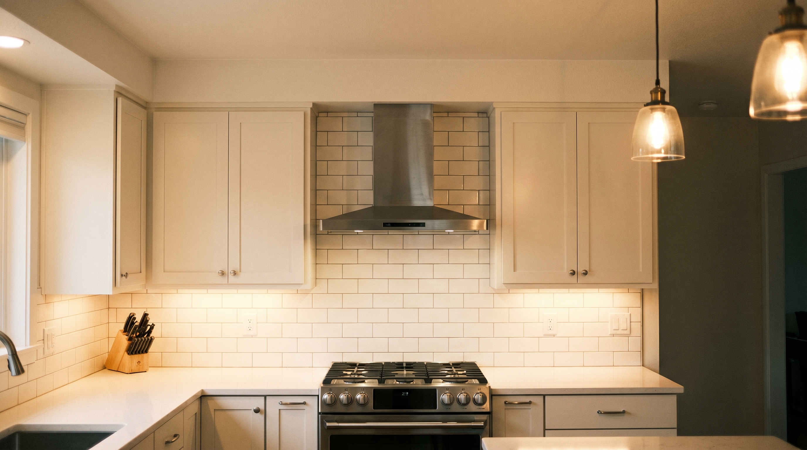 36-inch stainless steel wall-mount chimney hood installed in a renovated 1962 Tacoma ranch kitchen above a gas range