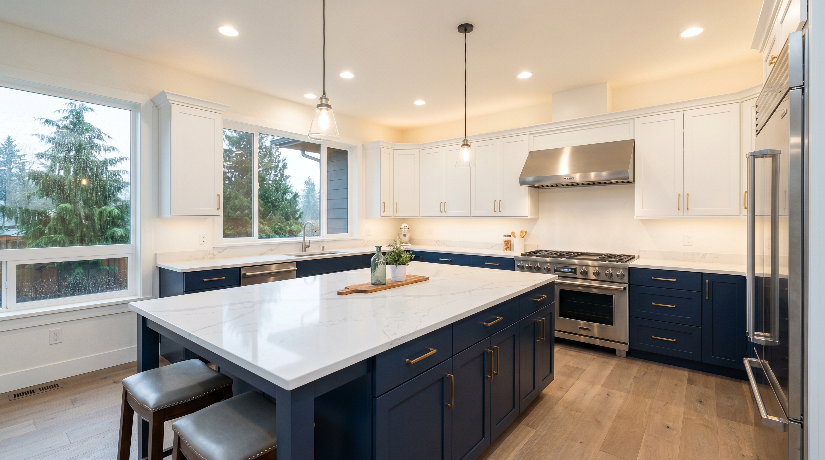 Two-tone kitchen with Hale Navy lower cabinets and island paired with white upper cabinets and Simply White walls
