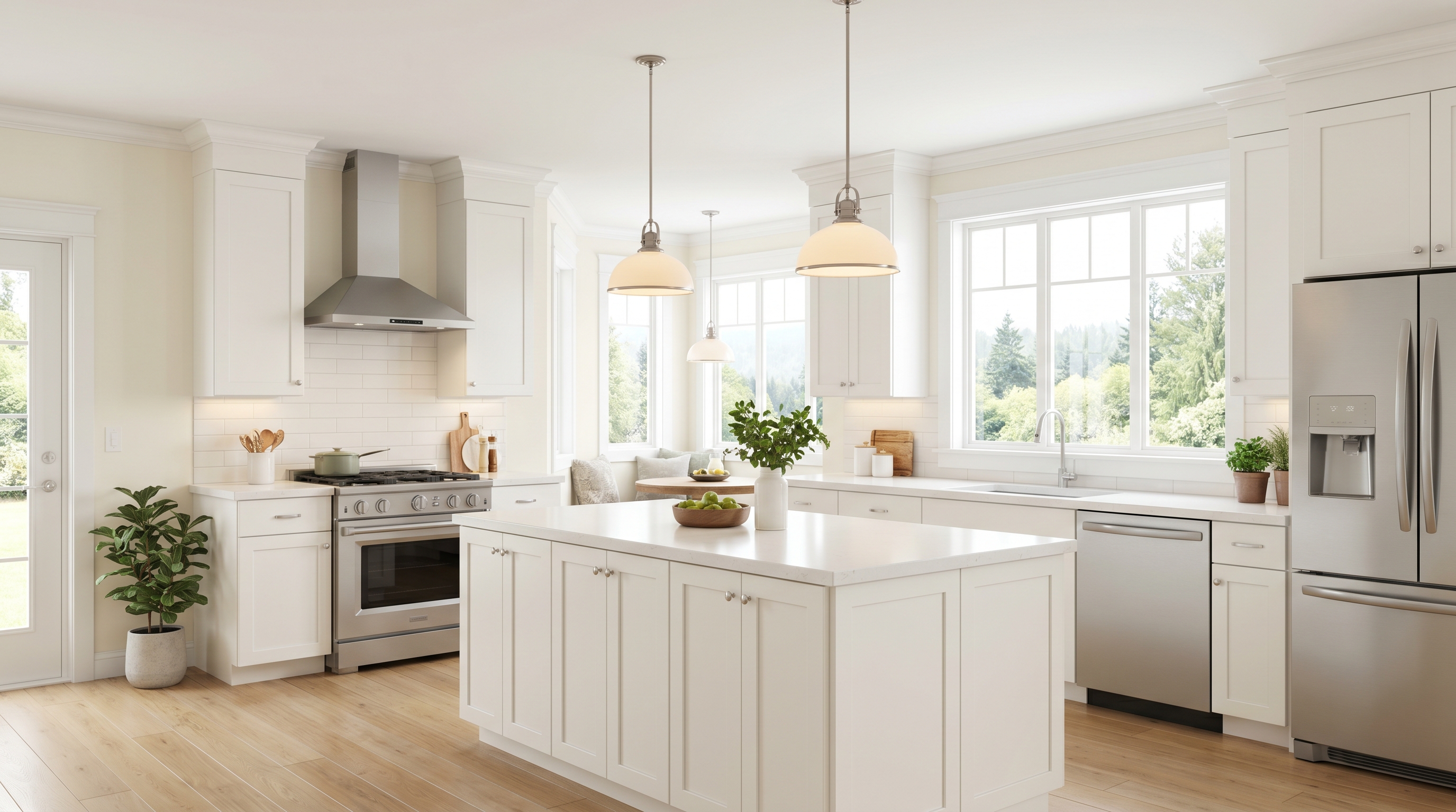 Warm white kitchen with SW Alabaster walls, Chantilly Lace shaker cabinets, white quartz countertops under natural light