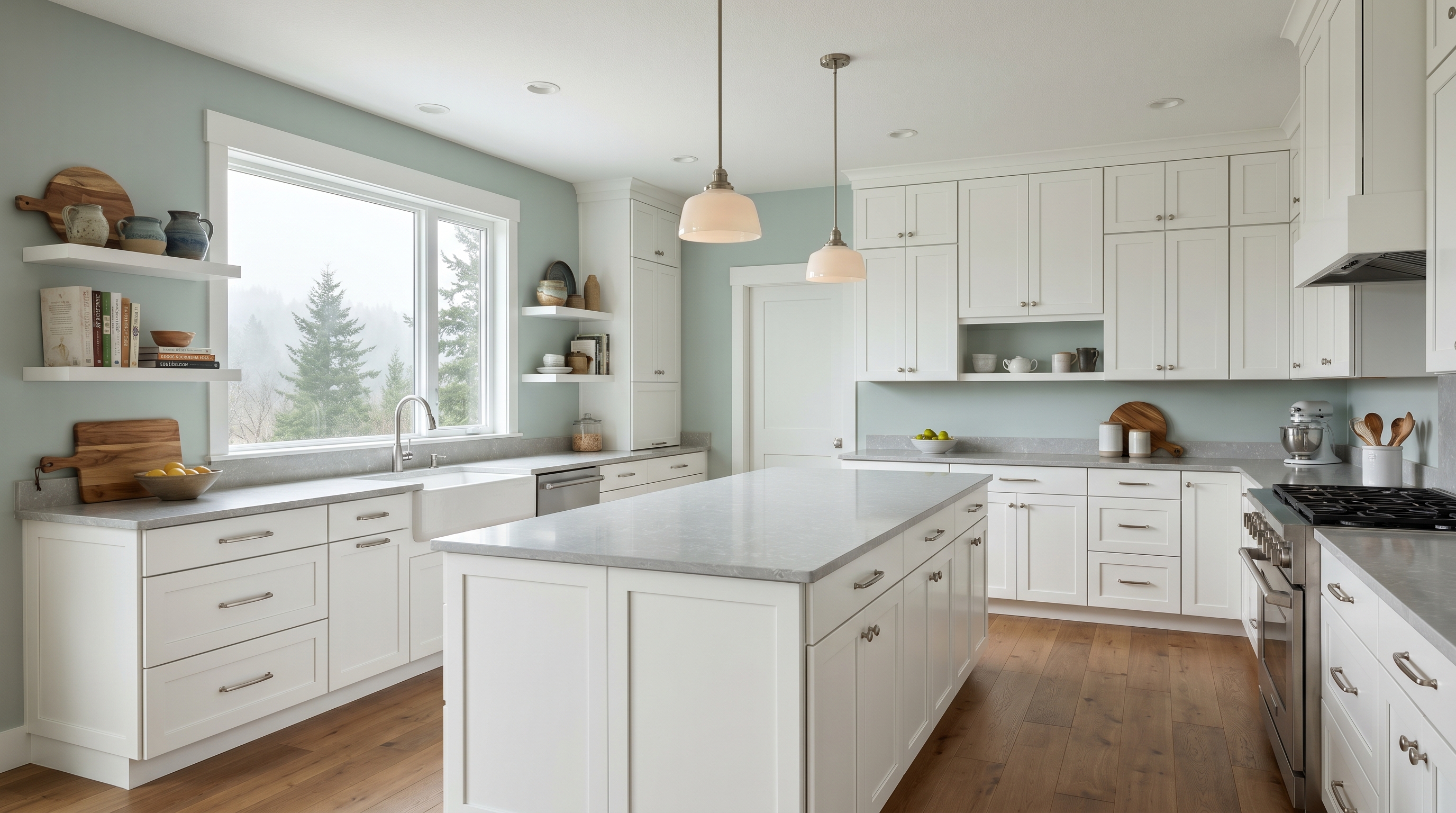 Contemporary Pacific Northwest kitchen with Sherwin-Williams Sea Salt walls, a soft, muted sage green-blue, paired with Ben