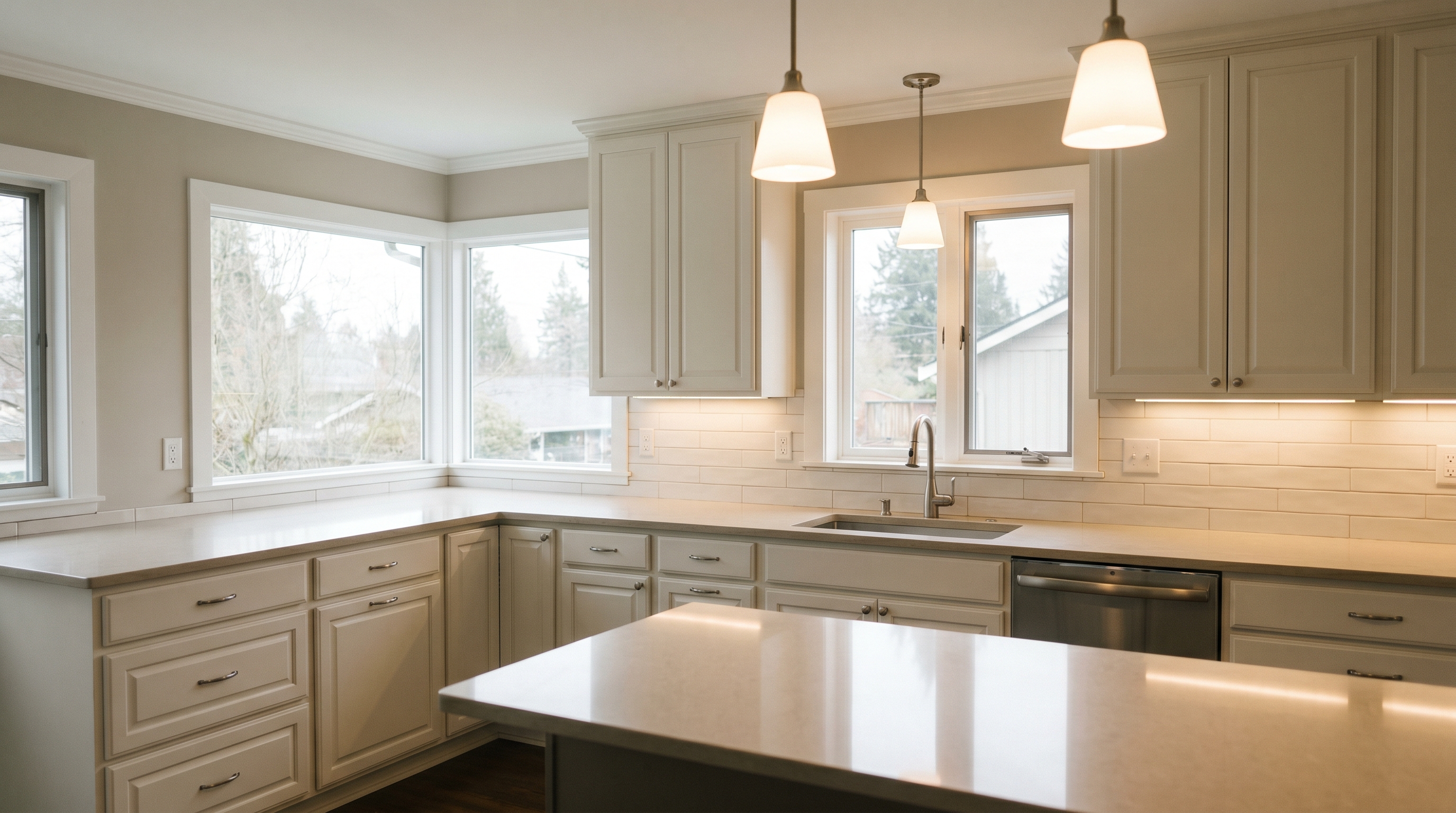 Kitchen photograph showing a warm greige palette transforming an older home: Sherwin-Williams Accessible Beige walls in warm 