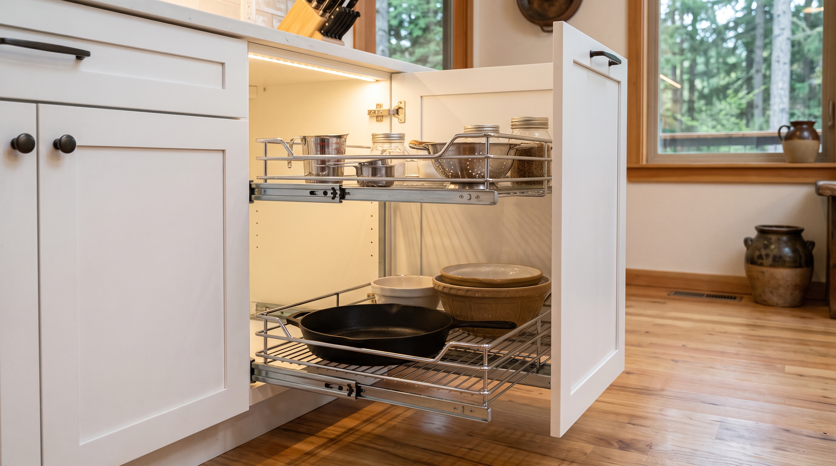 Two-tier chrome pull-out shelf system fully extended from a white base cabinet showing organized pots and kitchen items