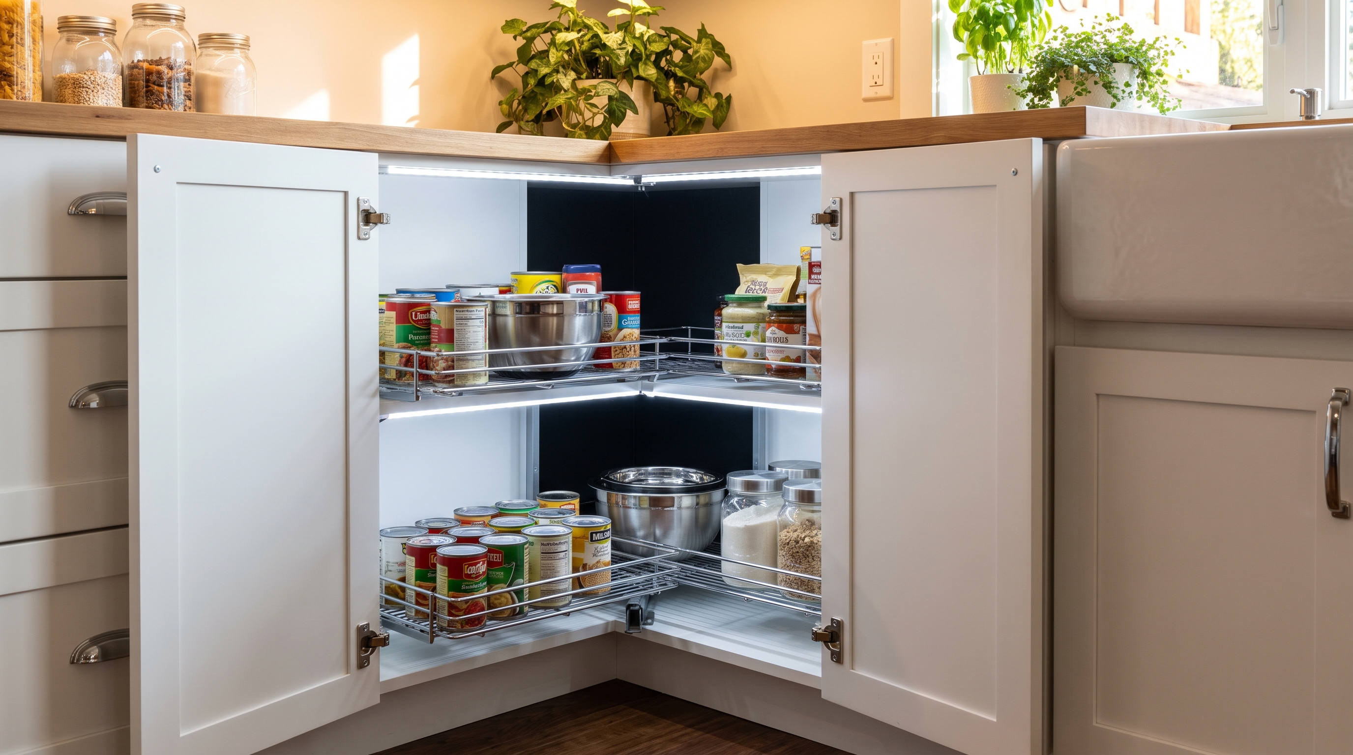 Photograph of an open kitchen corner base cabinet revealing a blind corner swing-out pull-out optimizer with two half-moon sh