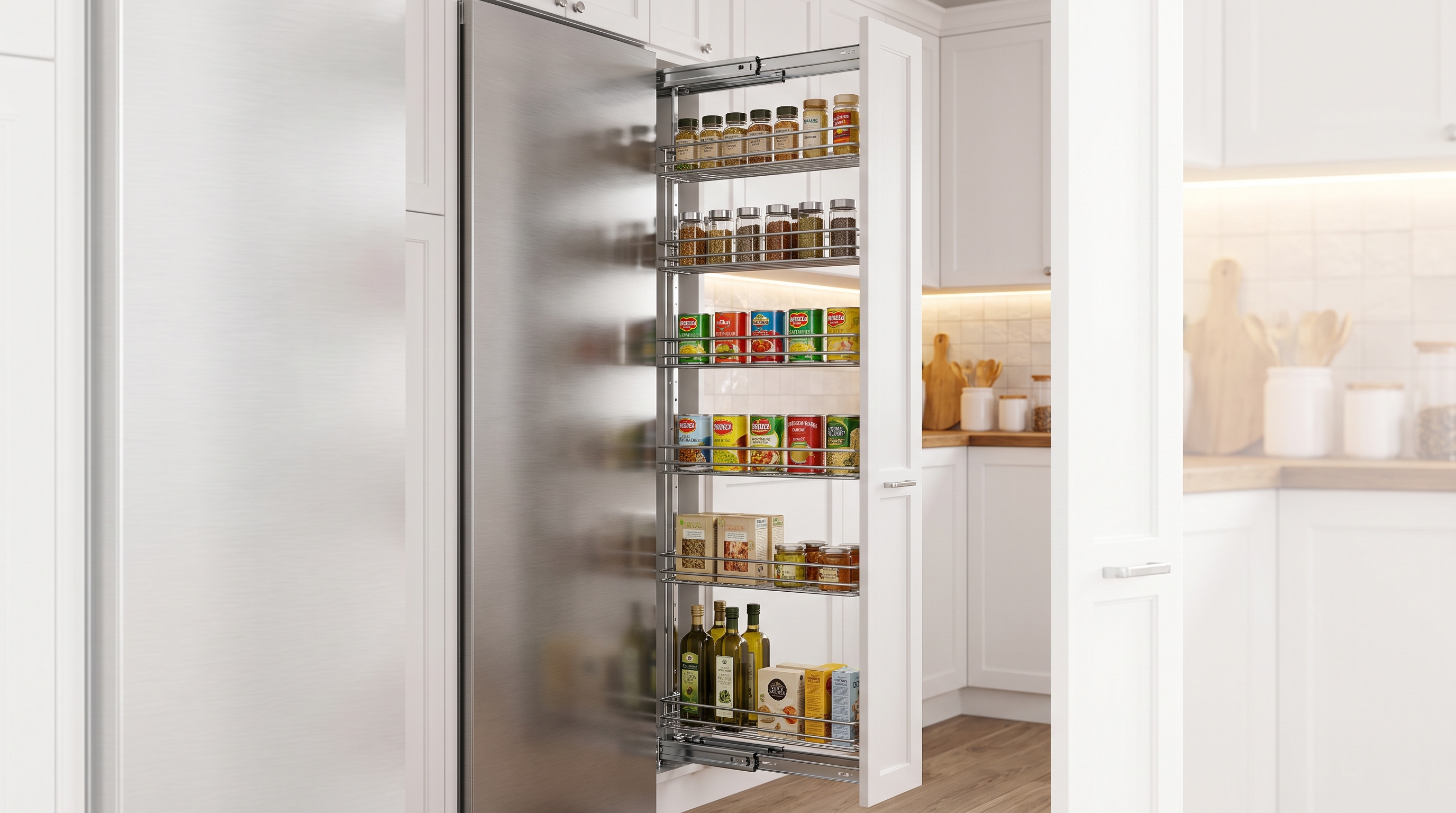 Full-height photograph of a slim 5-inch wide pull-out pantry column fully extended from the narrow gap between a stainless st