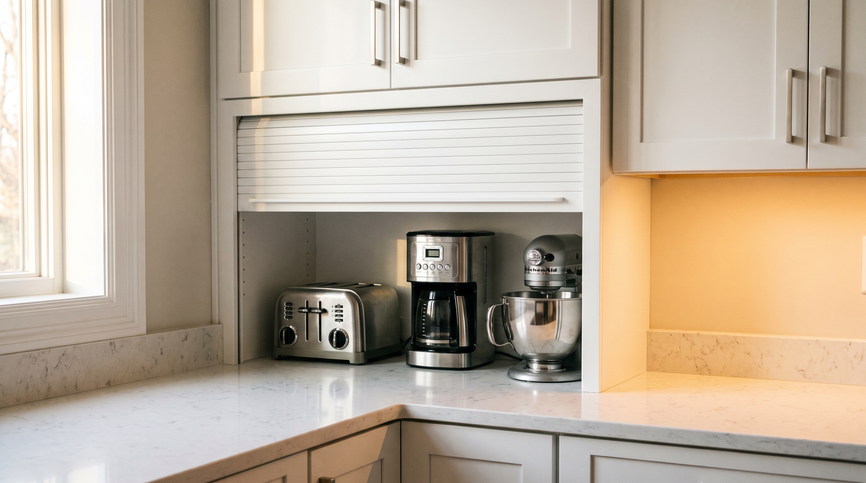 Kitchen countertop photograph showing a built-in appliance garage cabinet with a white tambour roll-up door raised open, reve