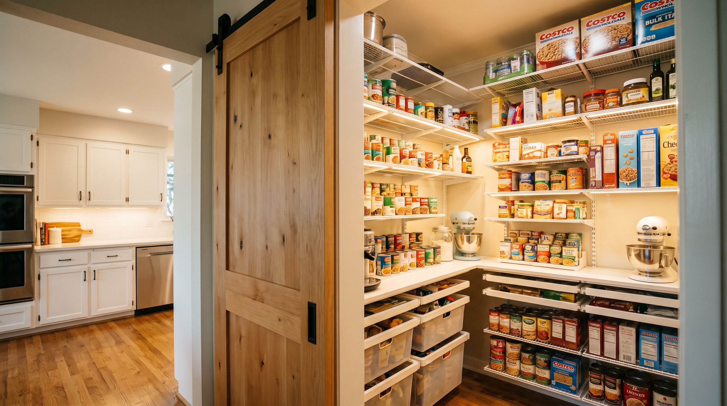Photograph of a former coat closet transformed into a bright walk-in kitchen pantry in a 1960s Pacific Northwest split-level