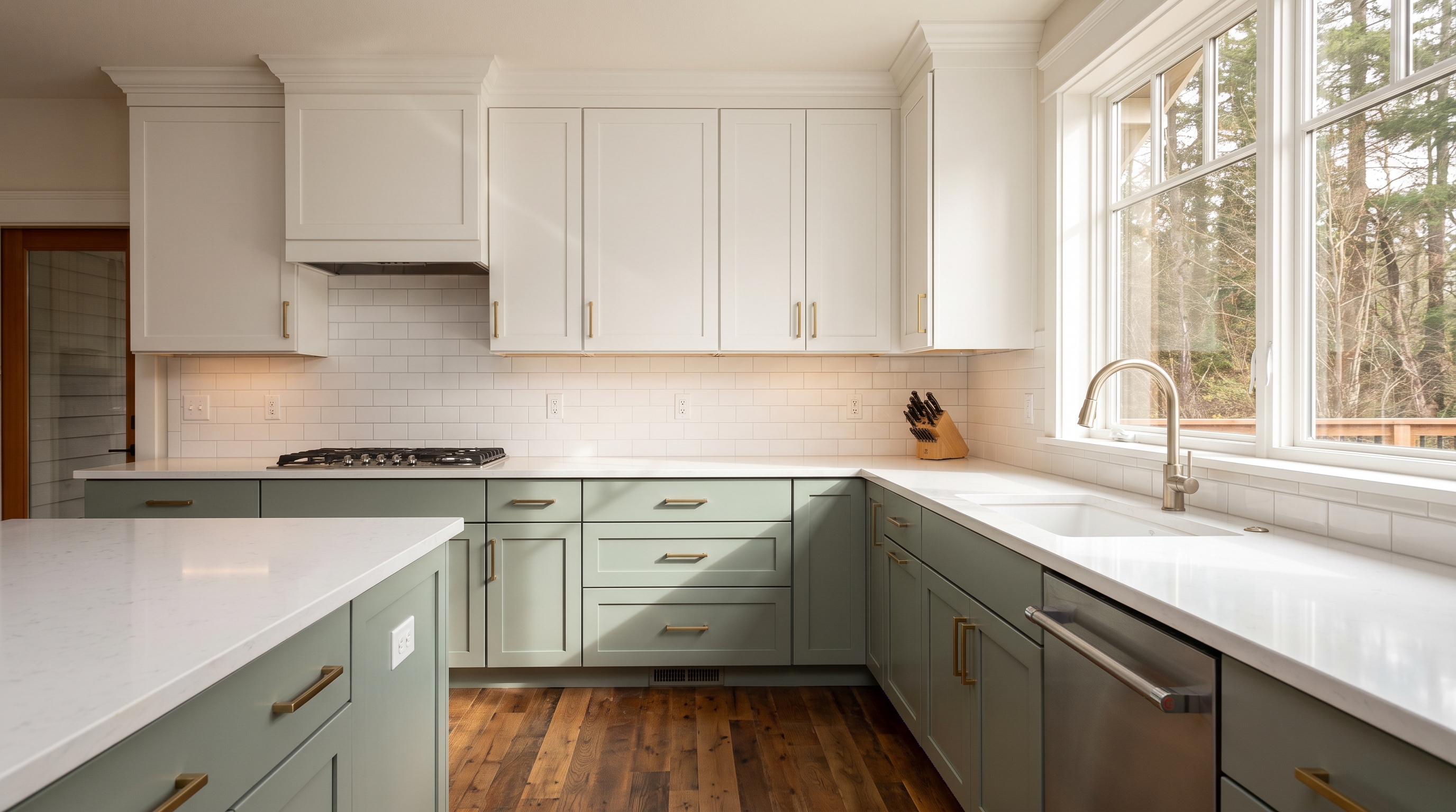 White upper cabinets and sage green lower cabinets in a craftsman-style Pacific Northwest kitchen with brass hardware