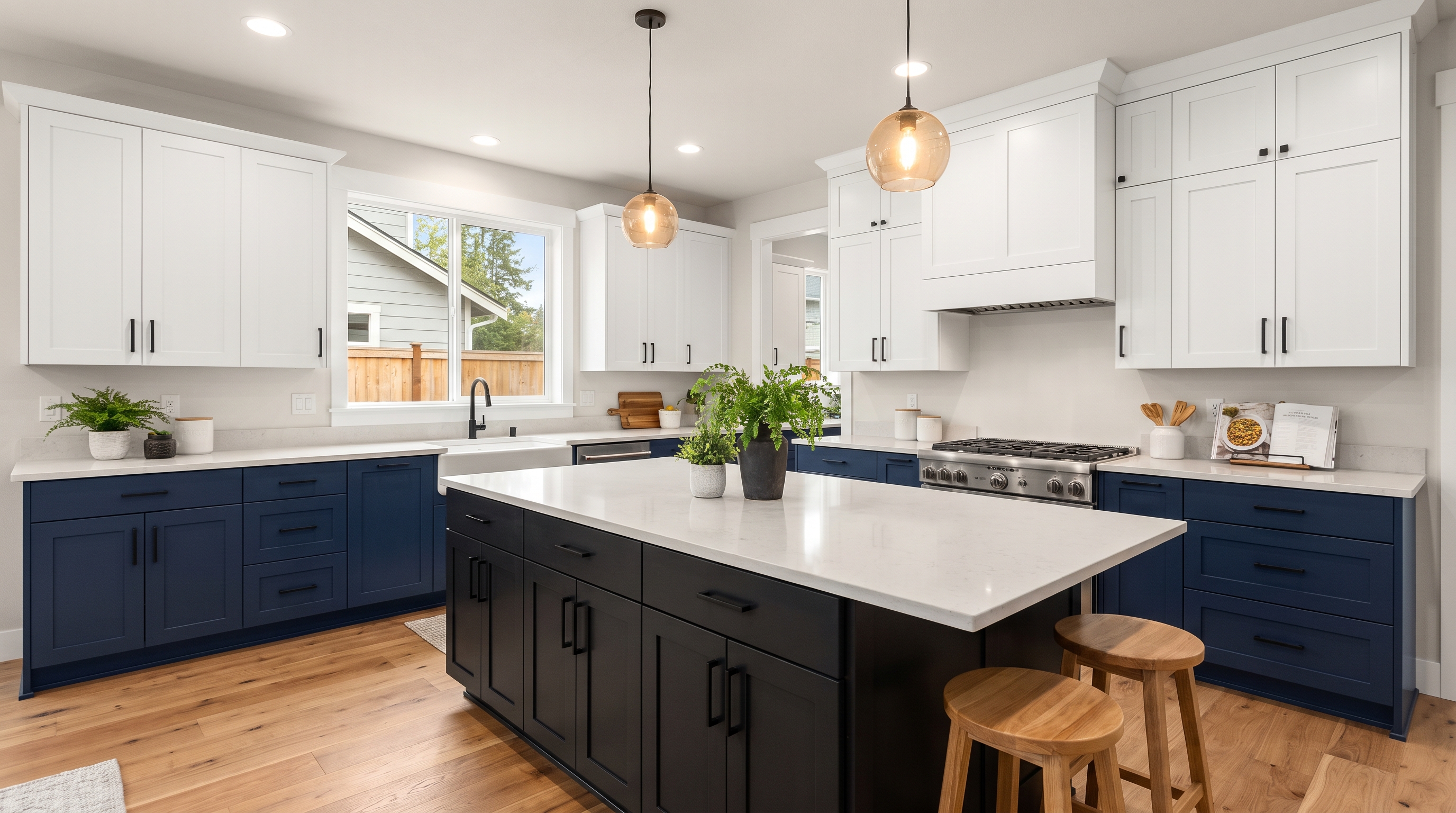 Three-tone kitchen design with white uppers, navy perimeter lowers, and deep charcoal island as a distinct focal point
