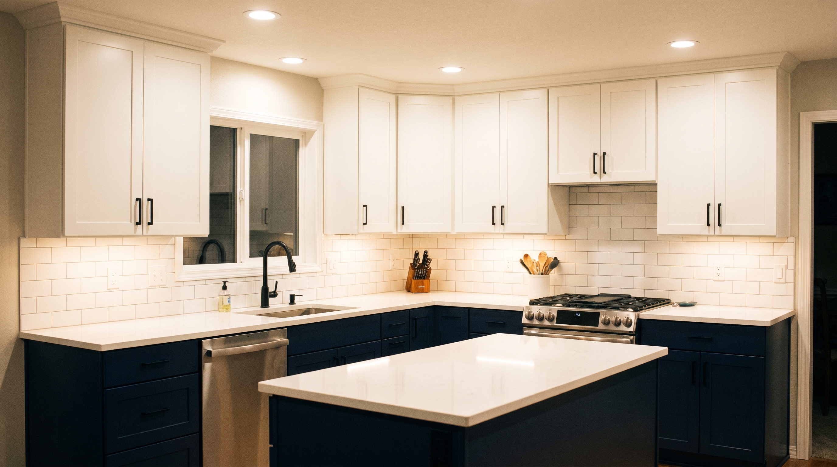 Transformed 1990s oak kitchen with White Dove upper cabinets, Hale Navy lowers, and matte black hardware in South Hill WA