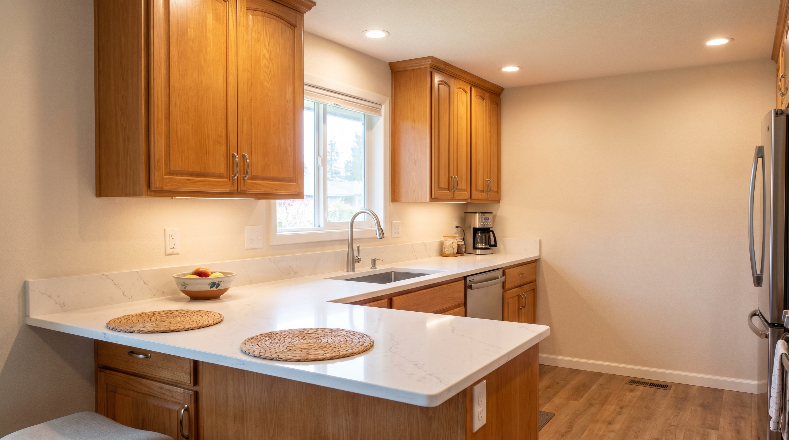 South Hill Puyallup kitchen with new white quartz countertops and stainless undermount sink