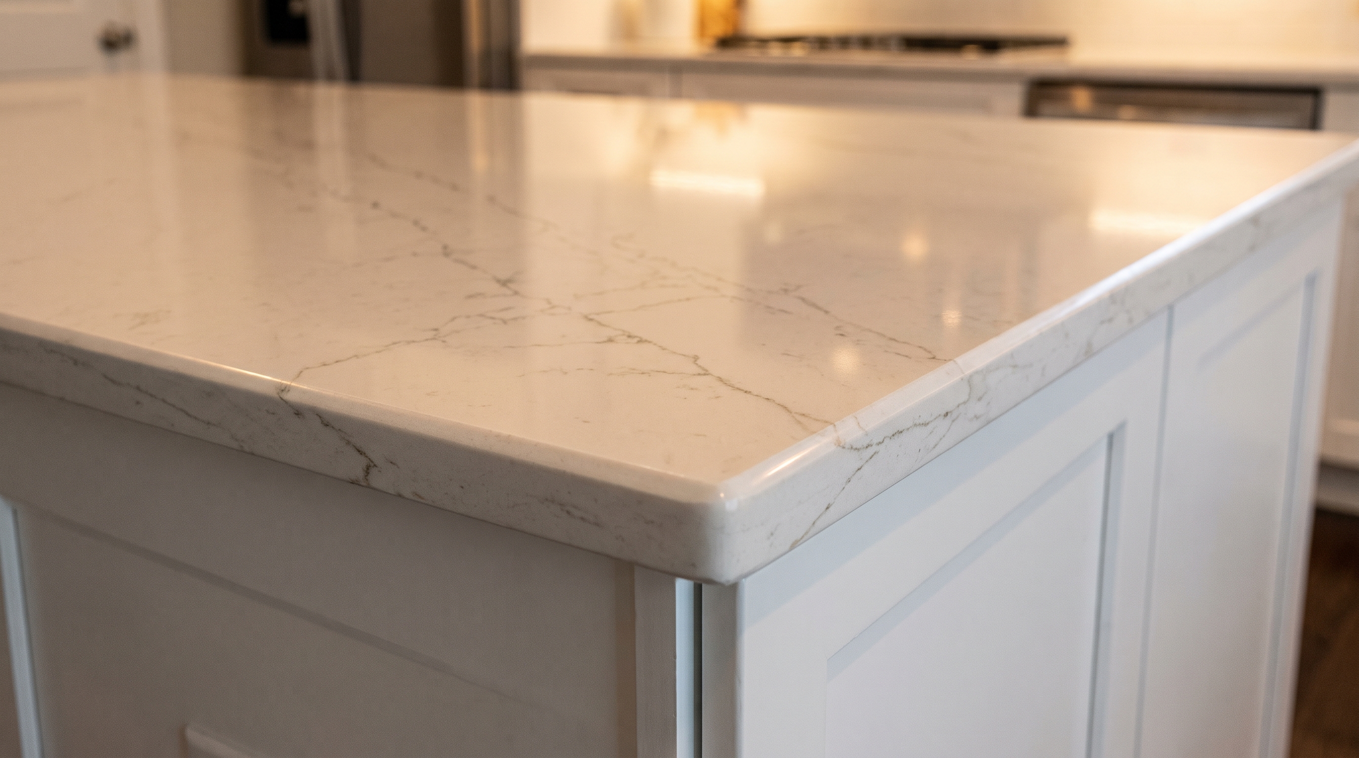 Close-up of veined white quartz countertop showing the glossy, low-maintenance surface