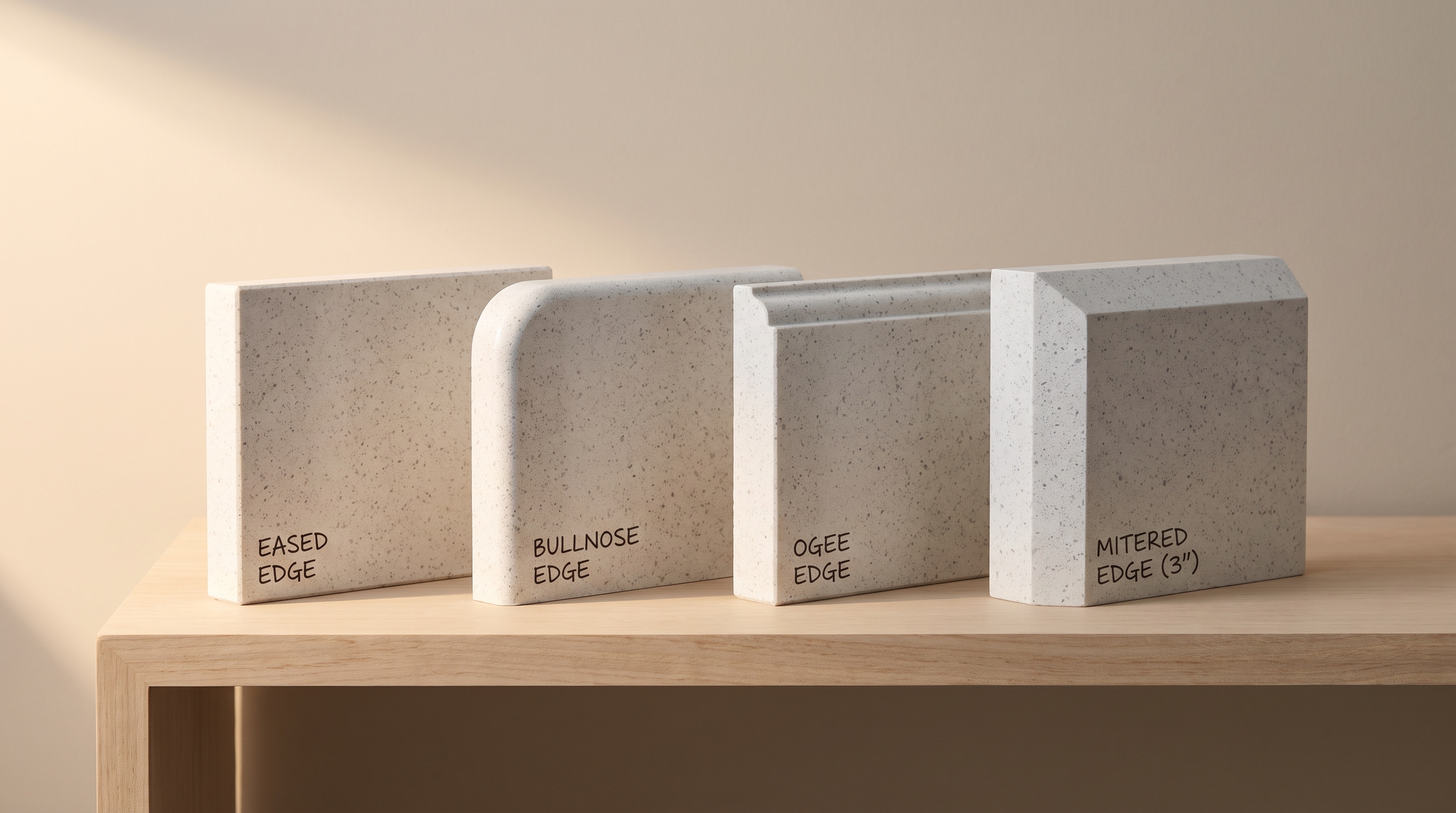Side-by-side comparison of eased, bullnose, ogee, and mitered countertop edge profiles