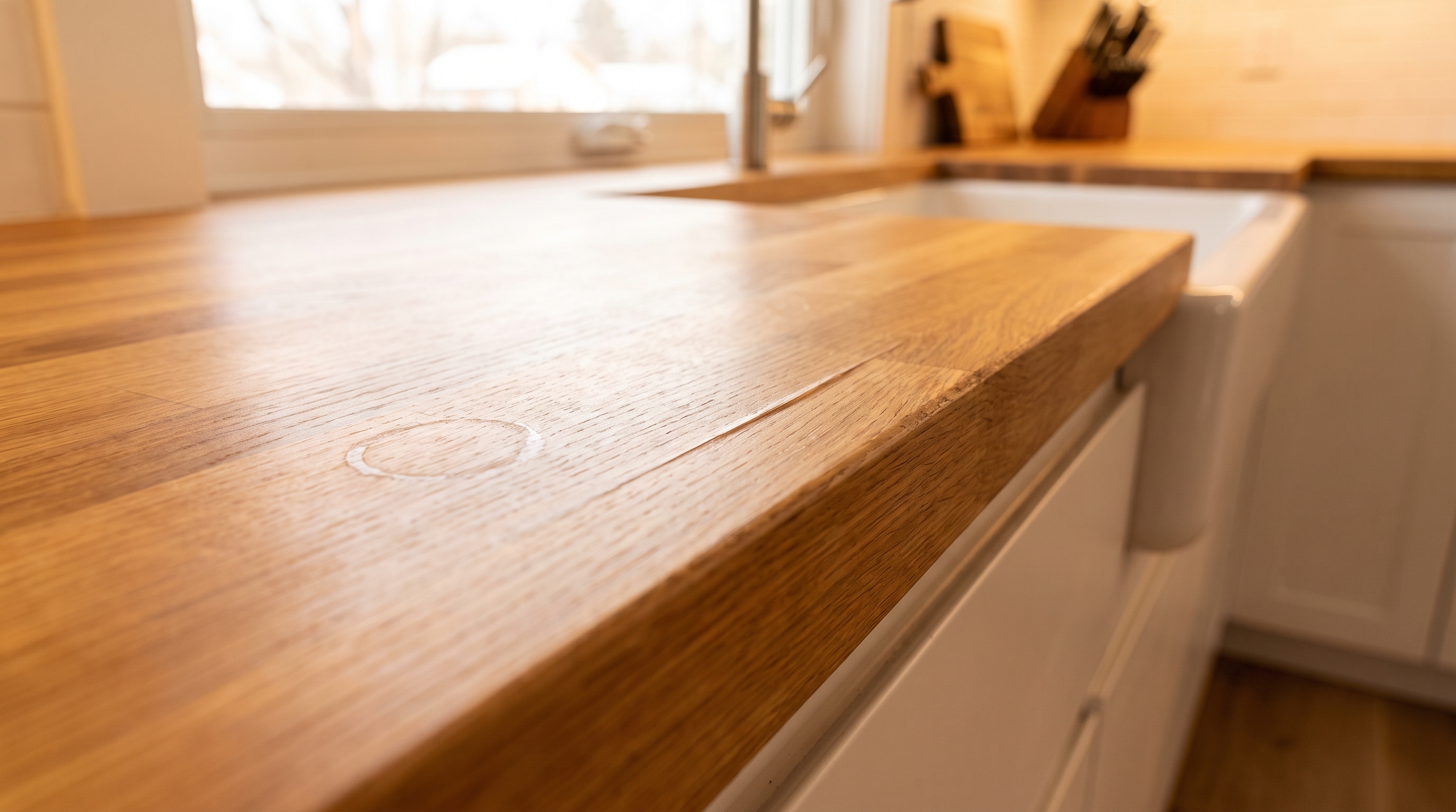 Edge-grain butcher block countertop showing wood grain and slight cupping from humidity