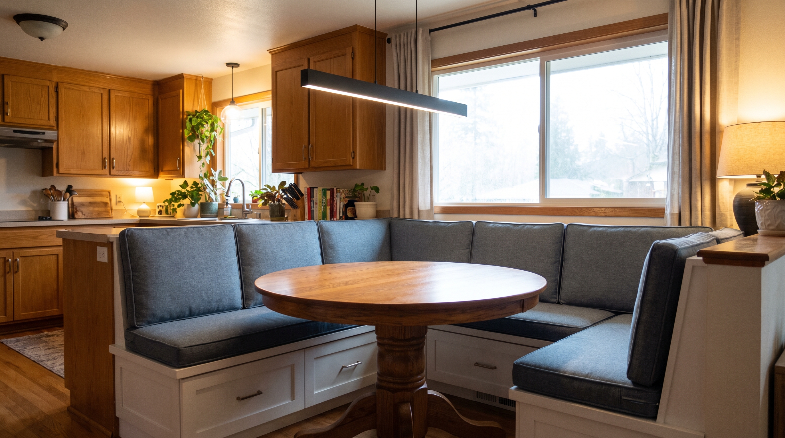 Built-in L-shaped breakfast nook banquette with drawer storage and pendant light in Puyallup remodel