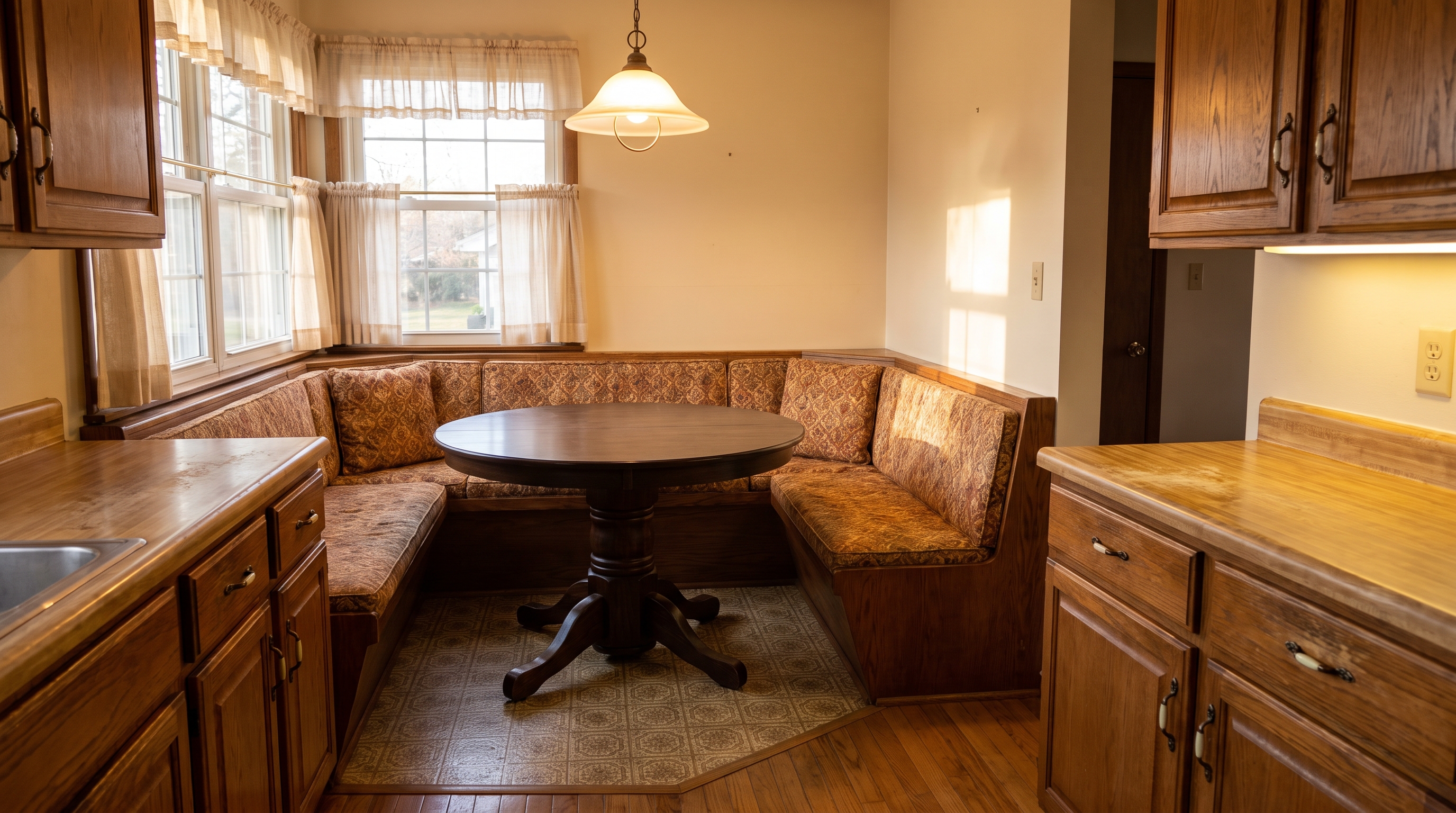 L-shaped corner banquette with round pedestal table in a compact ranch-style kitchen nook