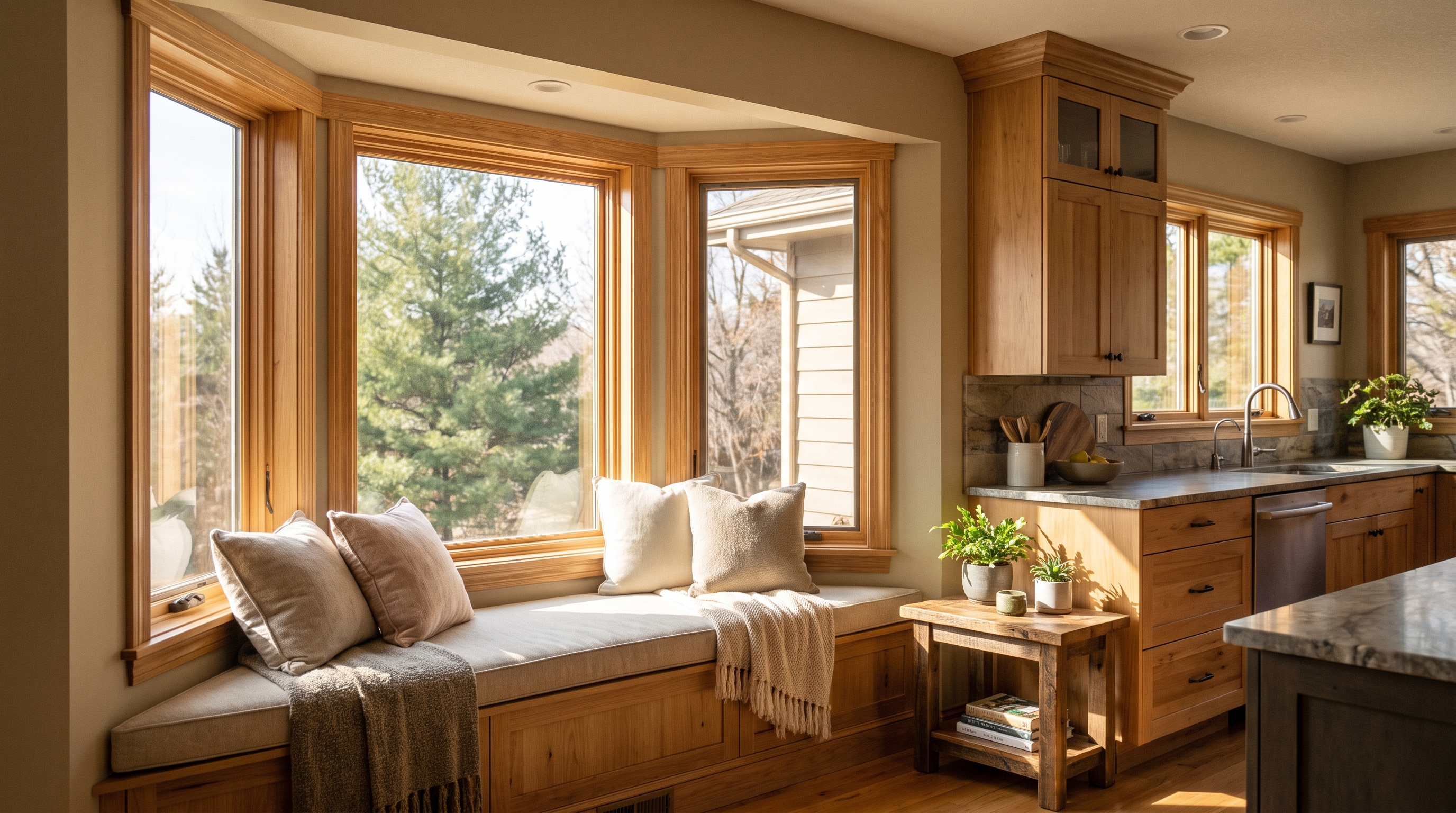 Kitchen bay window bump-out breakfast nook with built-in window seat and low-E glass