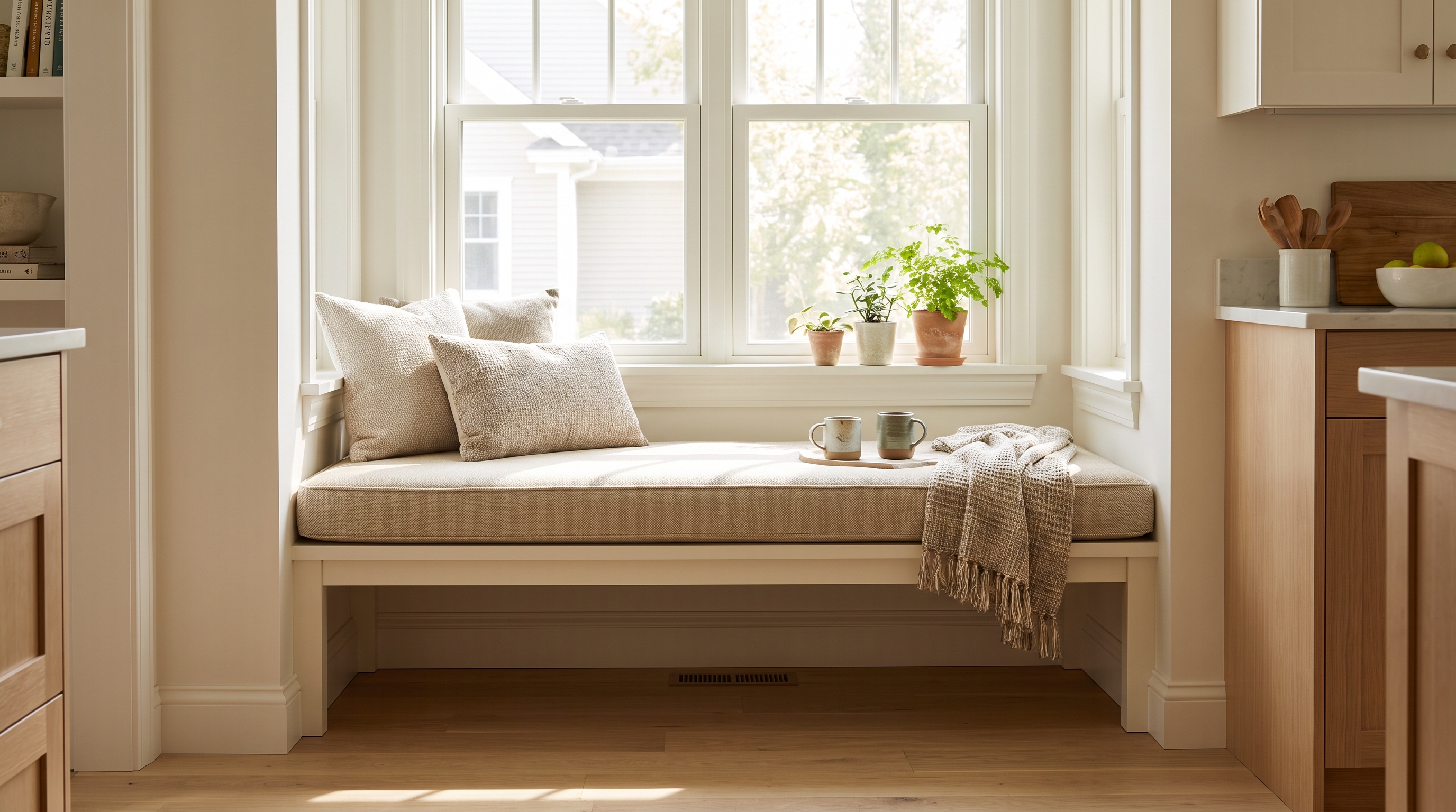 Simple built-in window seat cushion under an existing kitchen window, no structural changes