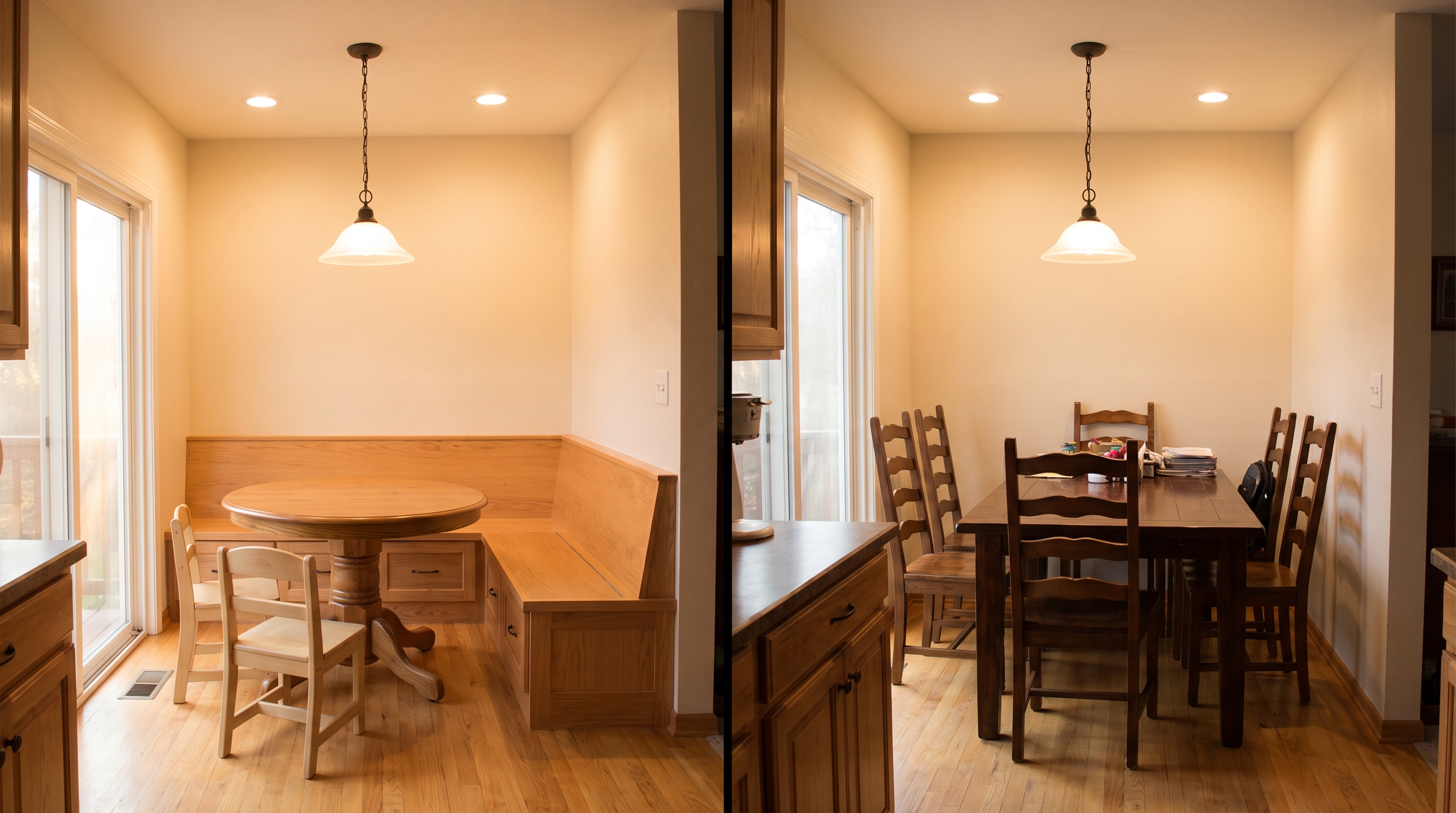 Built-in corner banquette with drawer storage replacing a table and chairs near a kitchen slider door