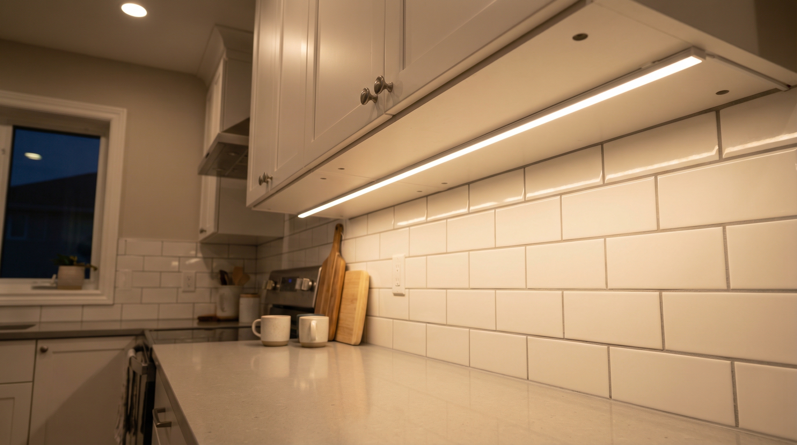 LED strip lighting illuminating countertop workspace under cabinets