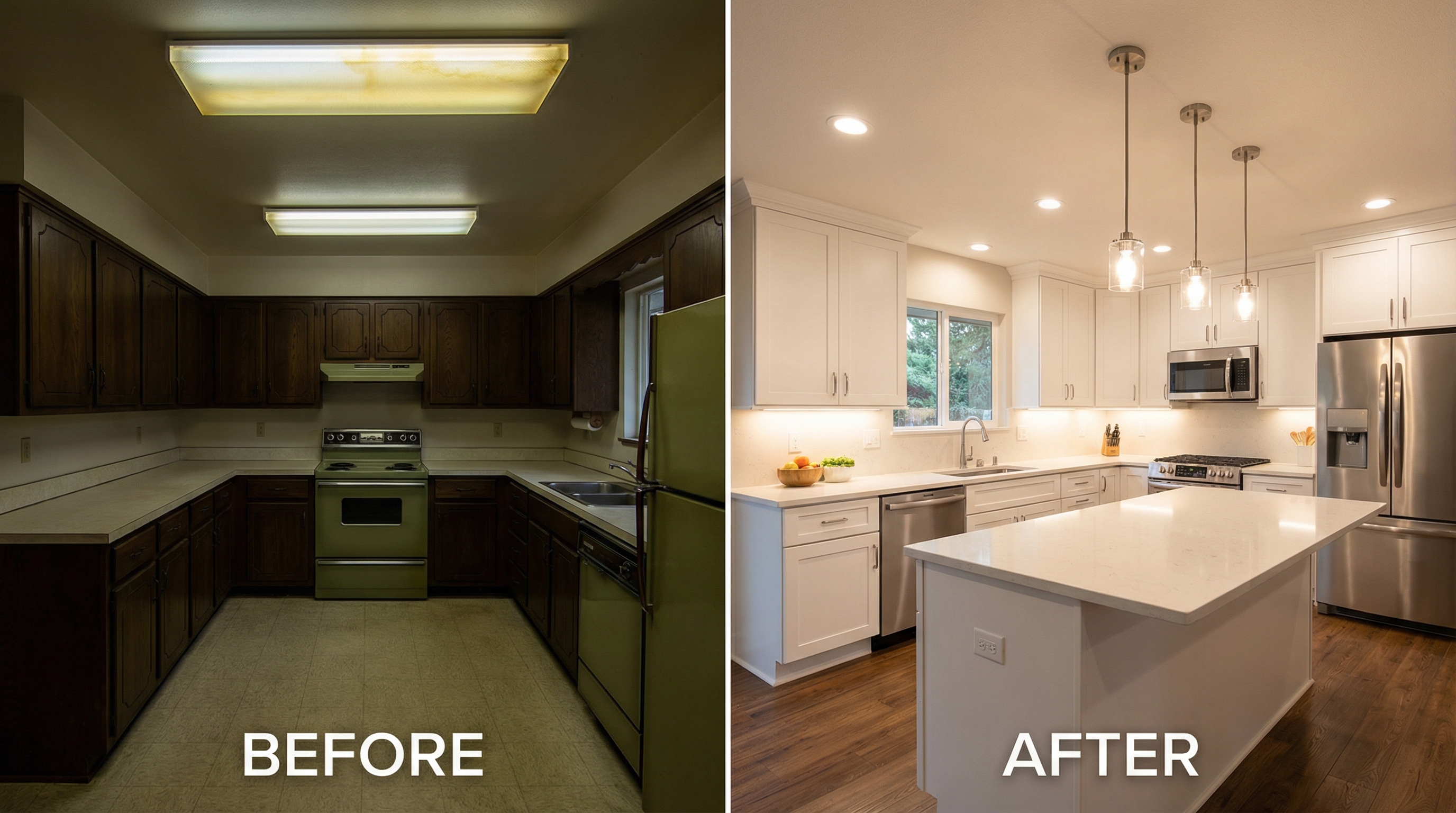 Completed kitchen lighting upgrade with pendants and recessed cans