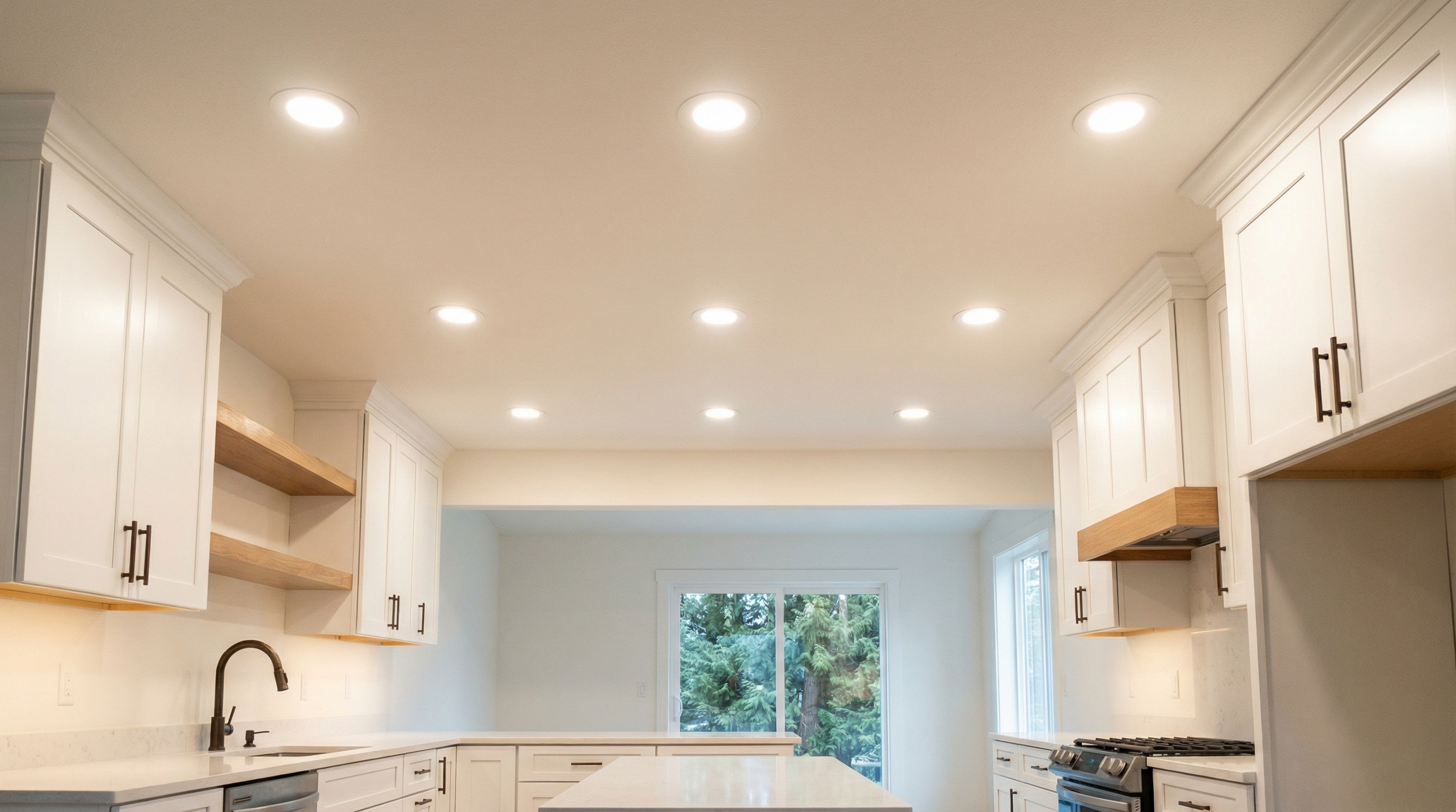 Recessed LED can lights installed in kitchen ceiling