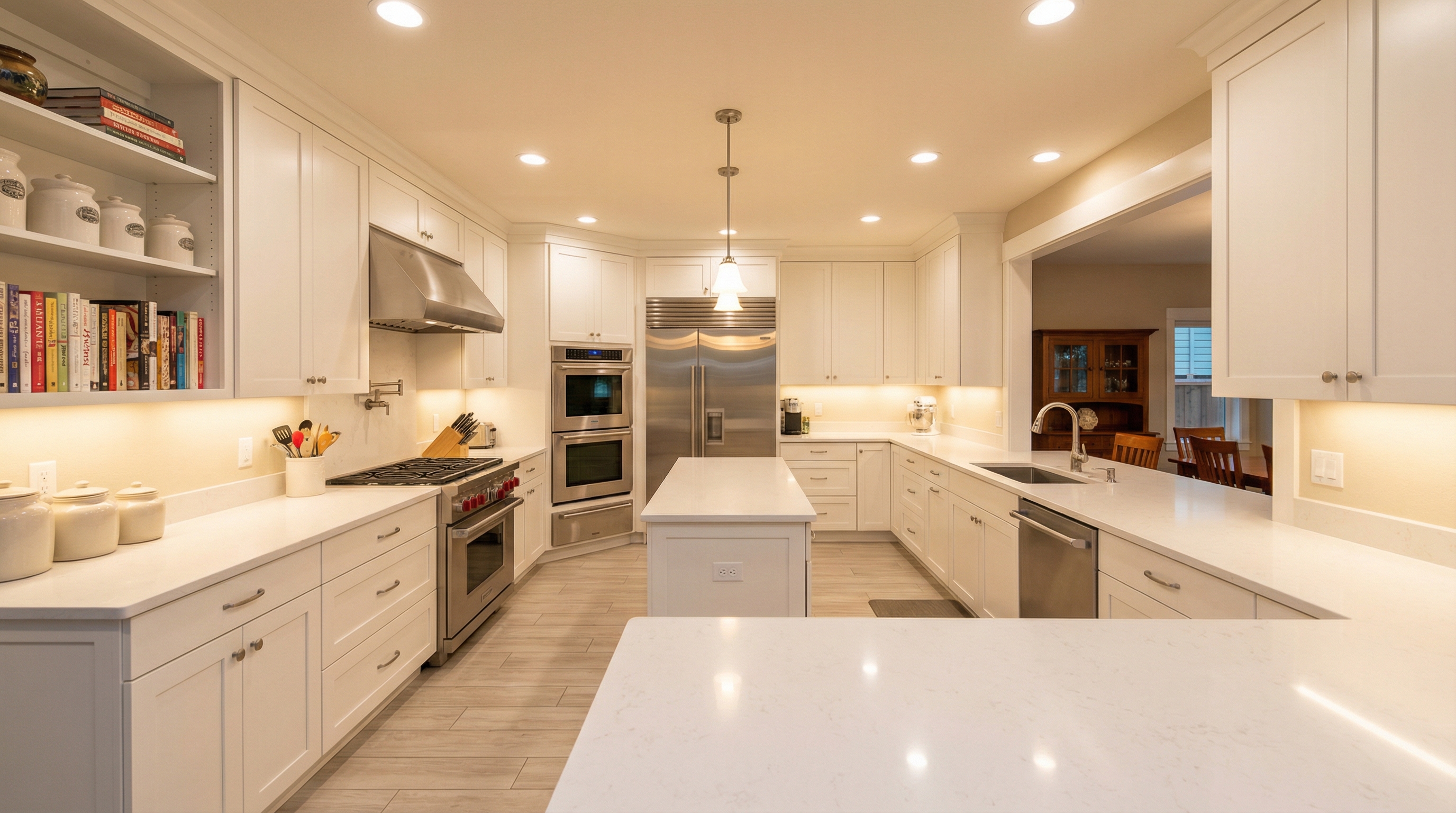 U-shaped kitchen with white shaker cabinets wrapping three walls and continuous quartz countertops for maximum workspace