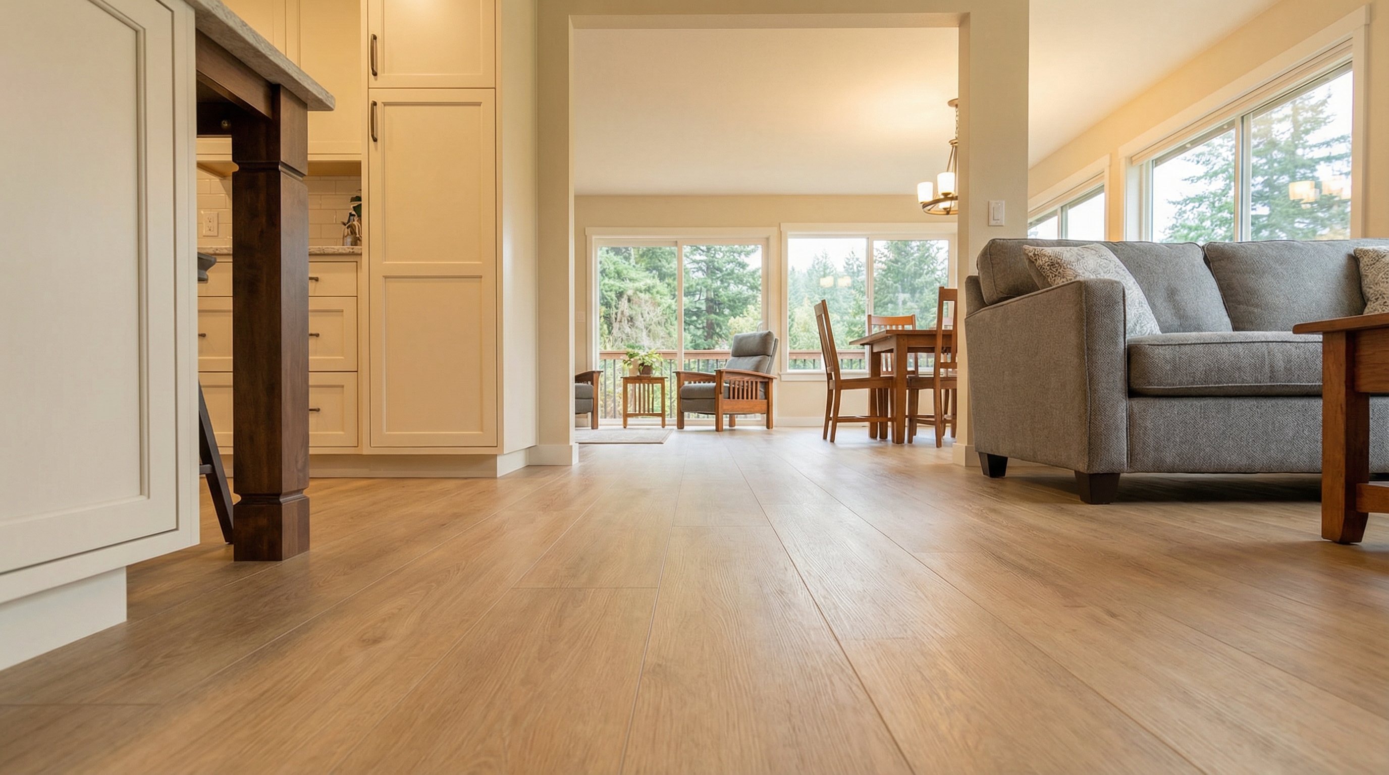 Light oak LVP flooring flowing seamlessly from kitchen through open wall into living room after wall removal remodel