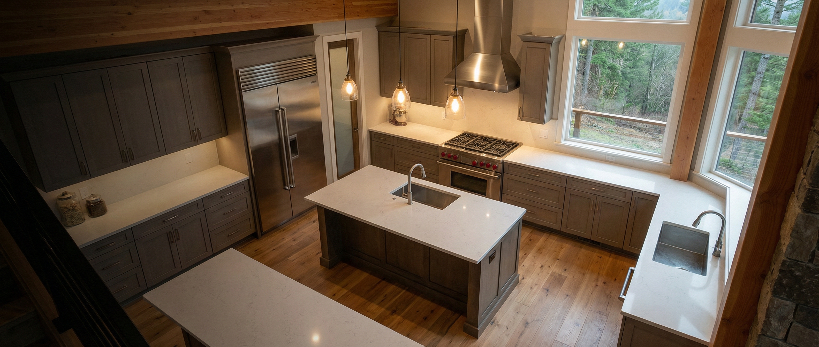 Five kitchen layout configurations including L-shape, U-shape, and open concept with island