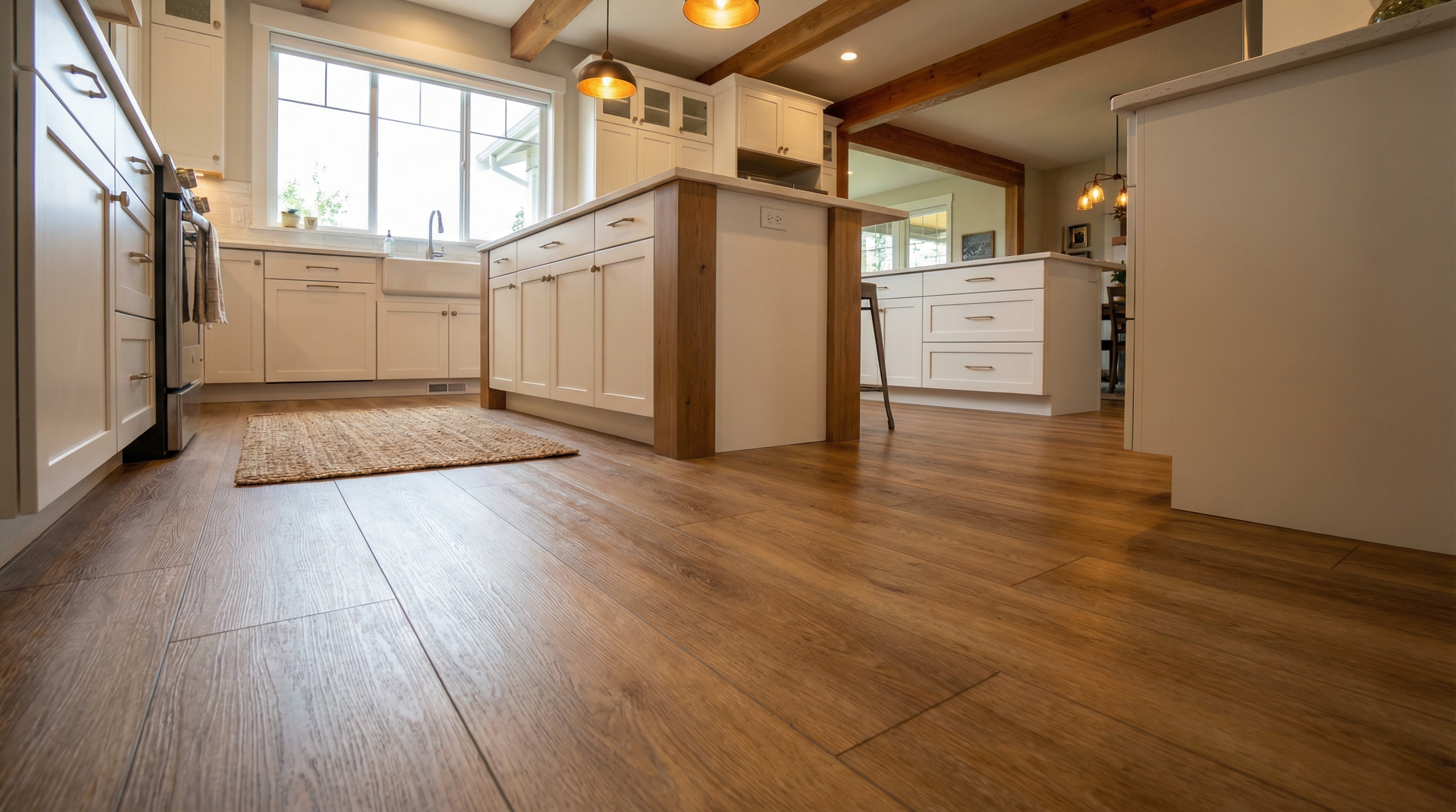 Wide-plank luxury vinyl plank flooring installed in a Pacific Northwest kitchen showing realistic oak wood-grain texture