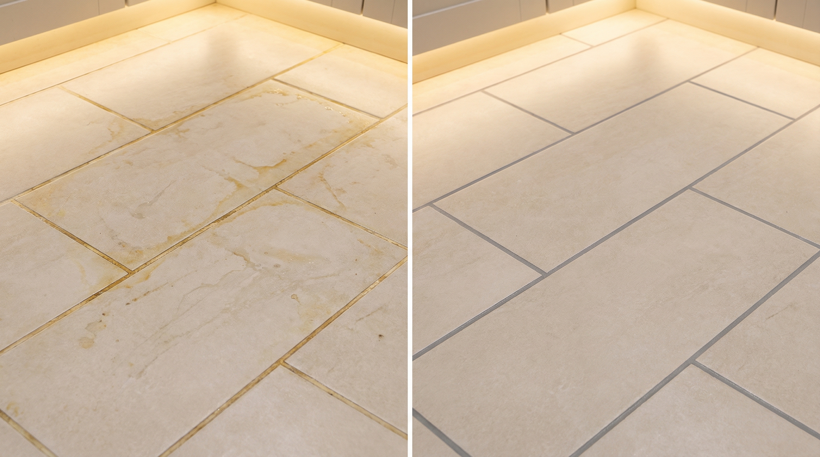 Side-by-side kitchen tile floor comparison showing stained white grout versus clean medium gray epoxy grout lines
