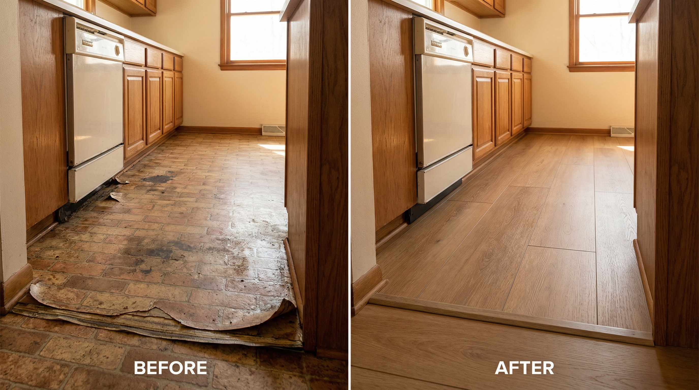 Before-and-after split photograph of a kitchen floor replacement in a 1978 split-level home