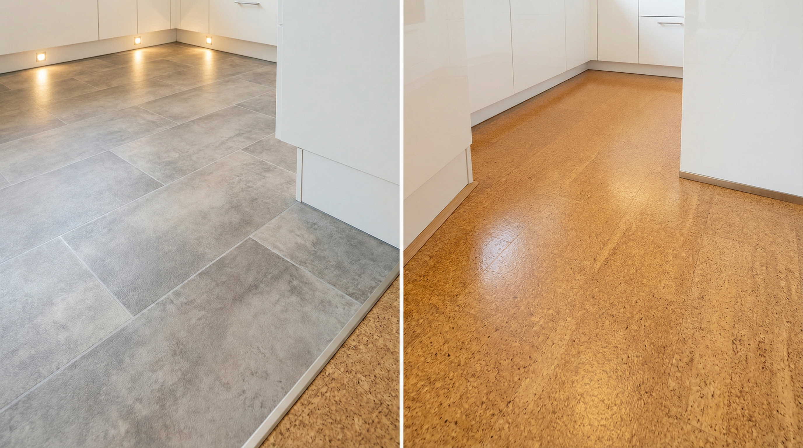 Modern sheet vinyl with stone-print pattern beside WPC cork flooring installed in a budget kitchen remodel