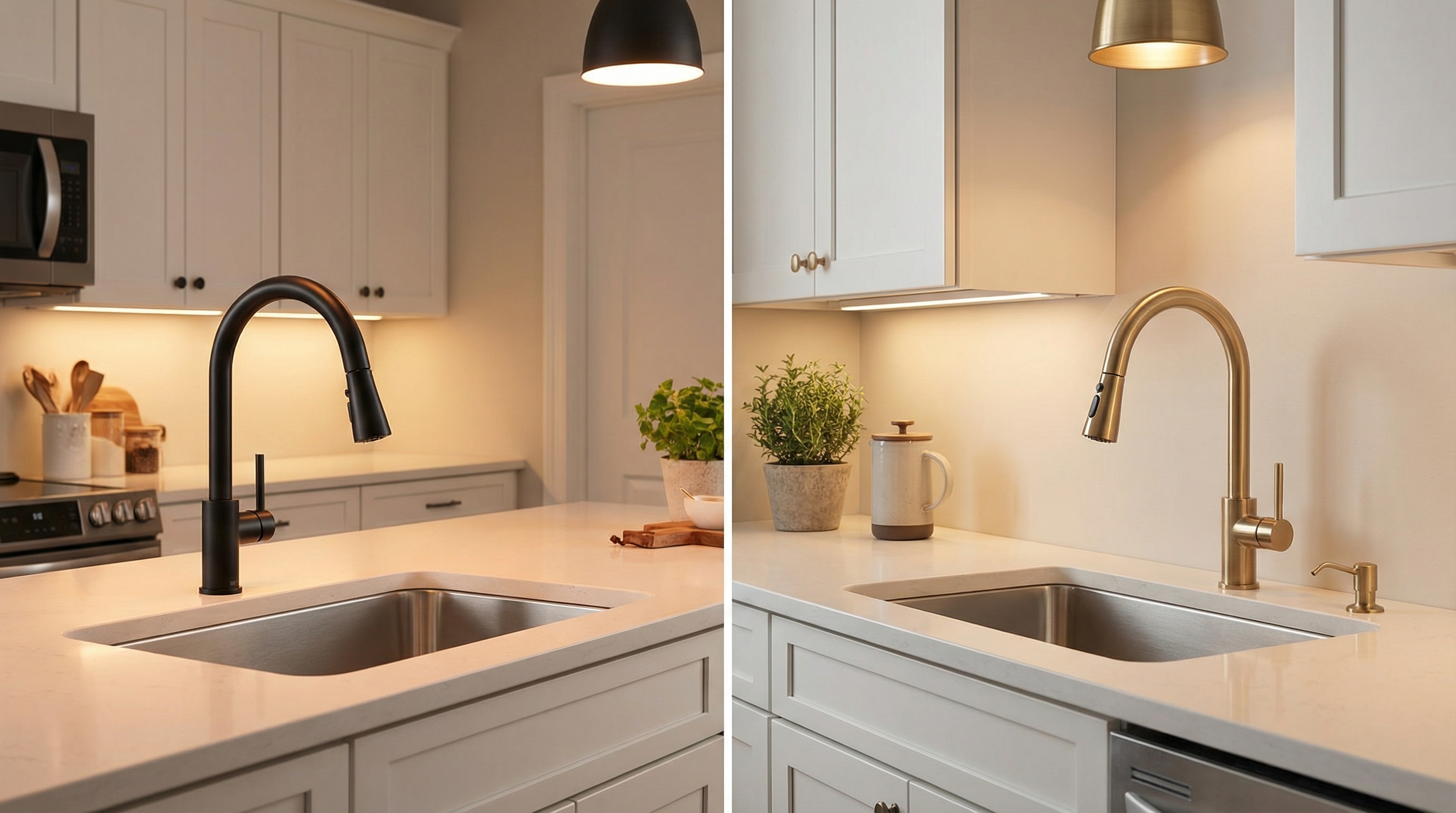 Close-up styled kitchen vignette showing two high-arc pull-down kitchen faucets installed over undermount stainless sinks on