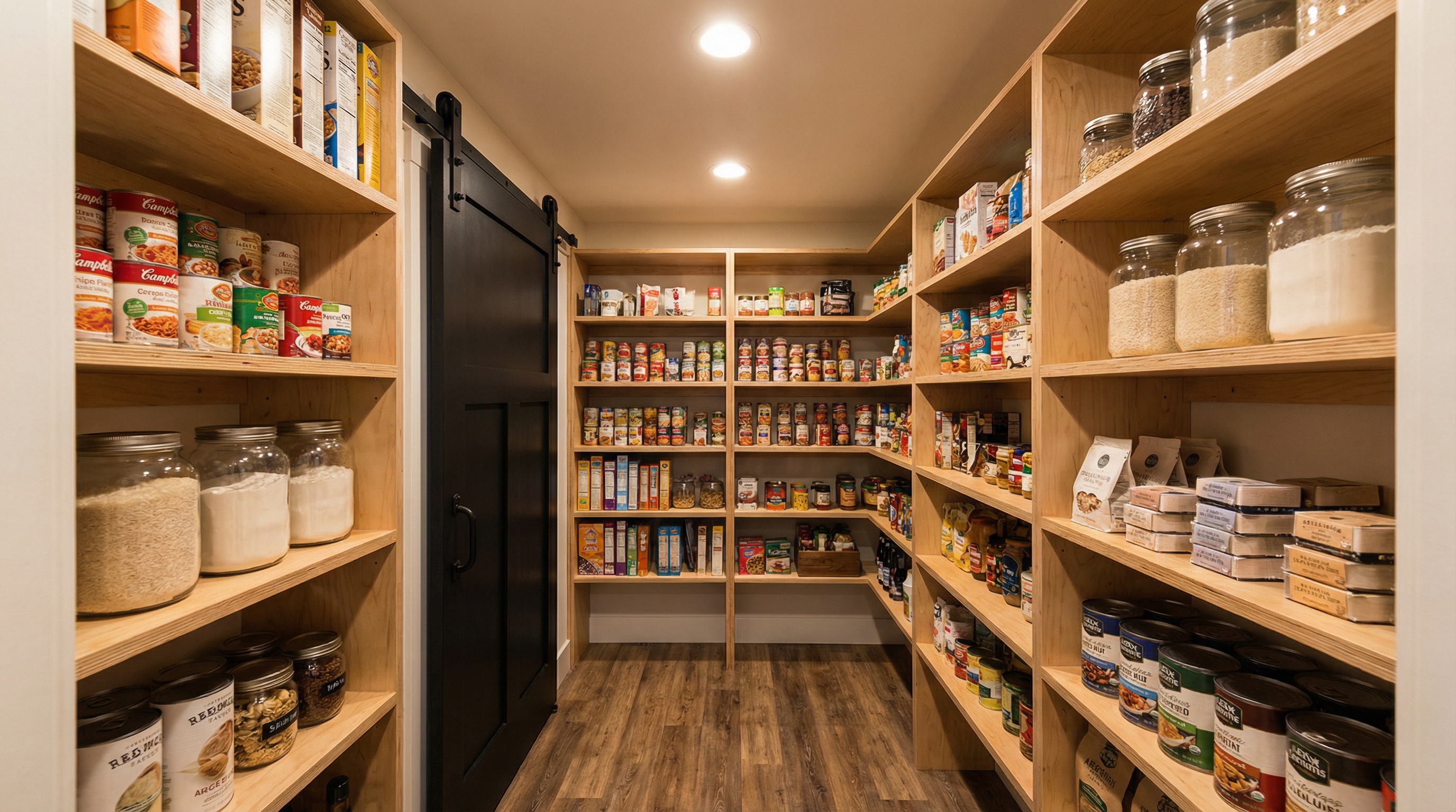 Walk-in pantry with floor-to-ceiling custom plywood shelving on three walls, recessed LED lighting, and sliding barn door