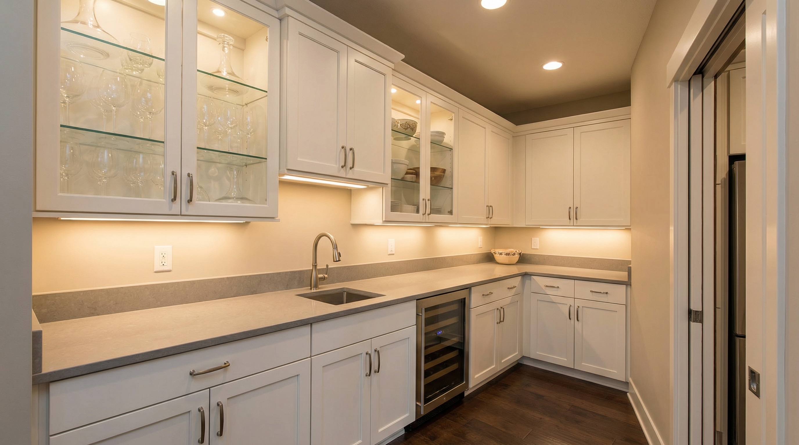 Interior photograph of a butler's pantry serving as a secondary prep and staging space