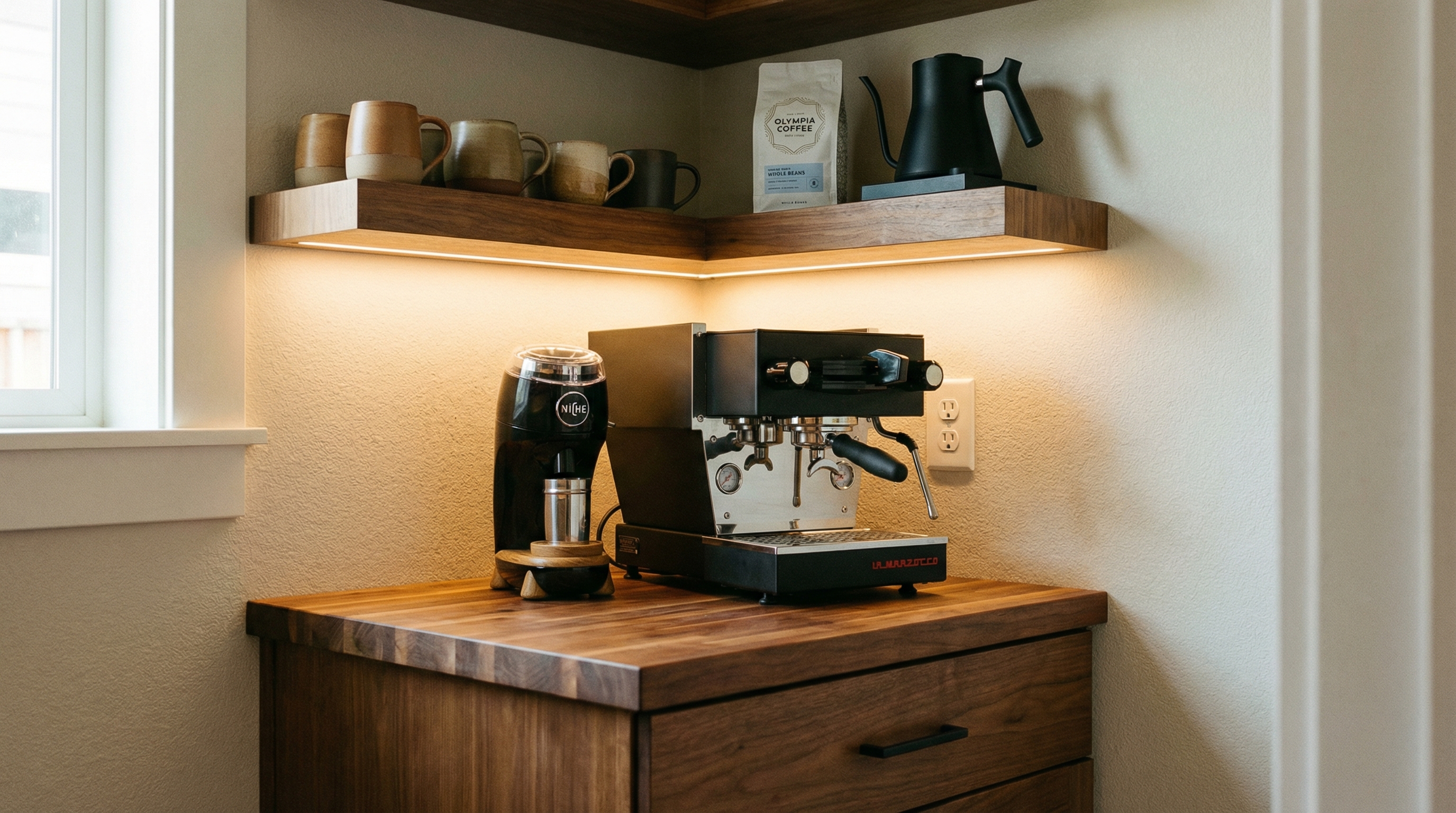 Pantry coffee station with espresso machine, burr grinder, open mug shelving, and dedicated 20-amp outlet in a walk-in pantry