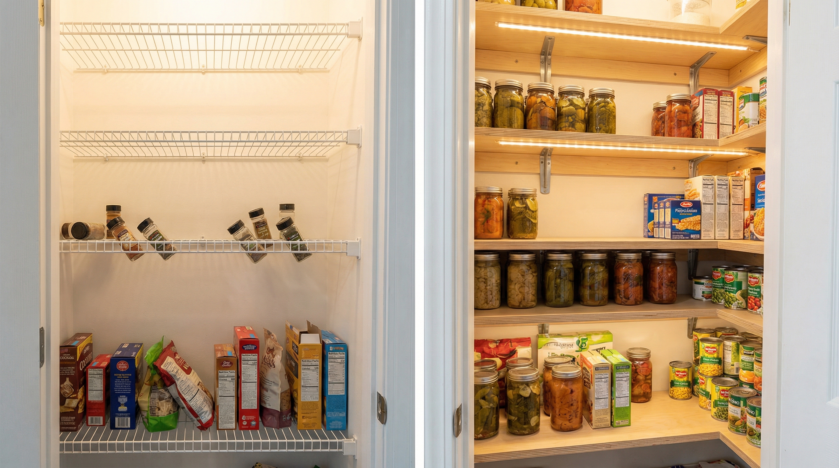Side-by-side comparison photograph inside a reach-in pantry closet showing two distinct shelving styles